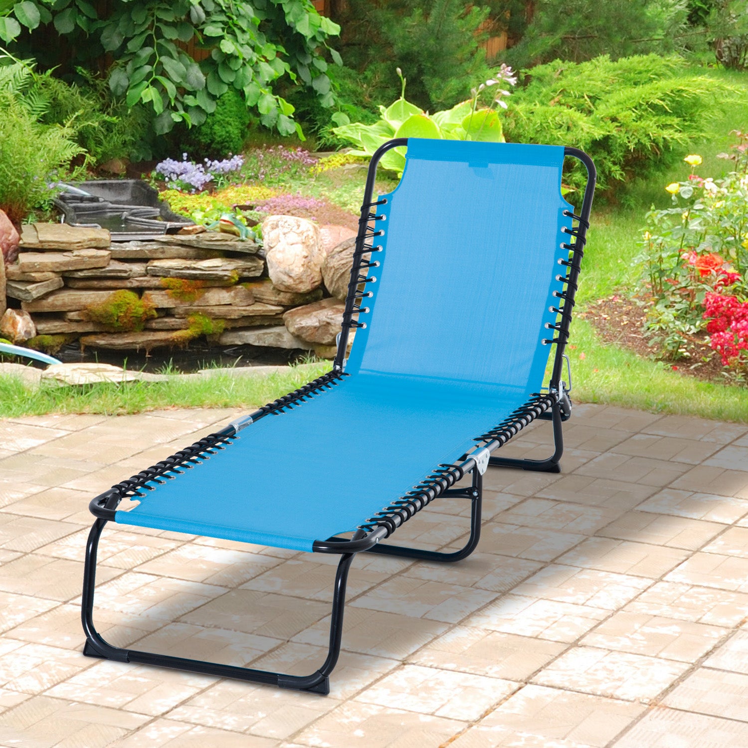 Foldable Chaise Lounge, 4-Position Reclining Back, Trifold Portable design and Breathable Mesh for Poolside,Camping, Hiking - Light Blue