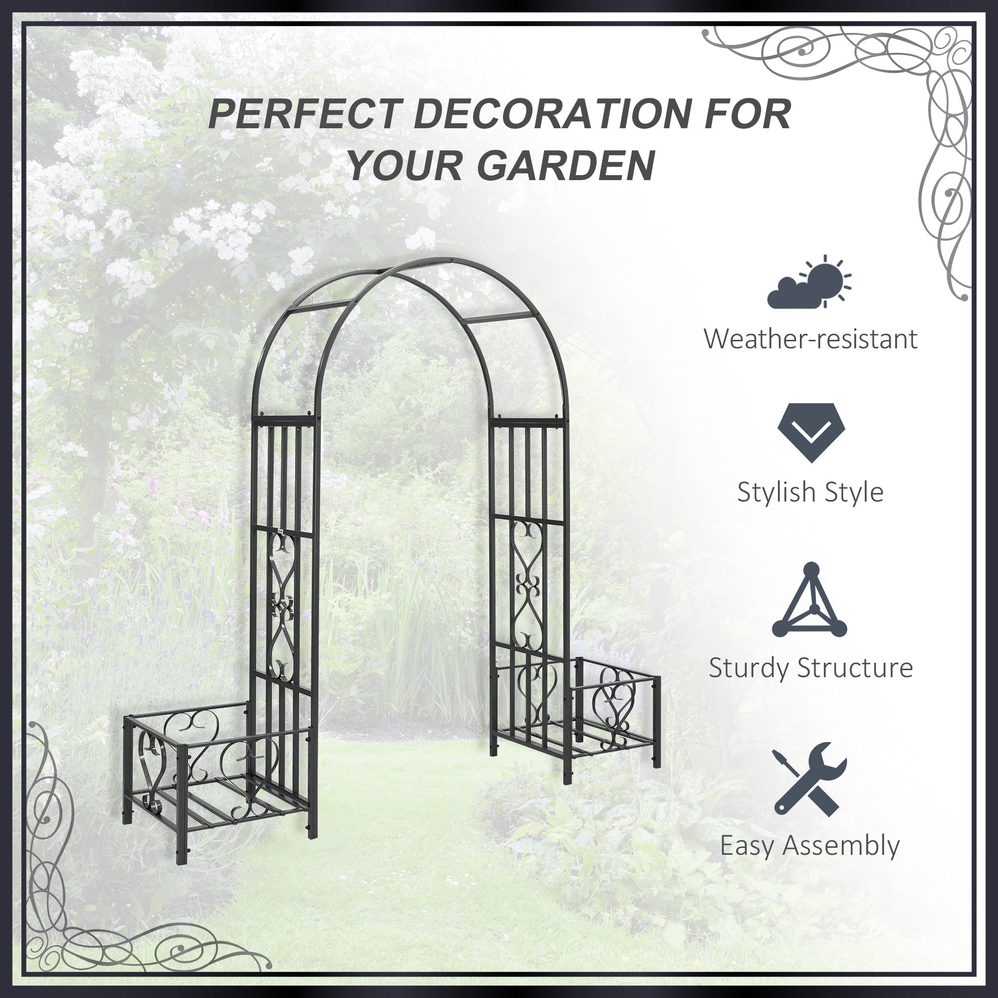 6.7' Steel Garden Arch Arbor with Scrollwork Hearts, Planter Boxes for Climbing Vines, Ceremony, Weddings, Party, Backyard, Lawn, Dark Gray