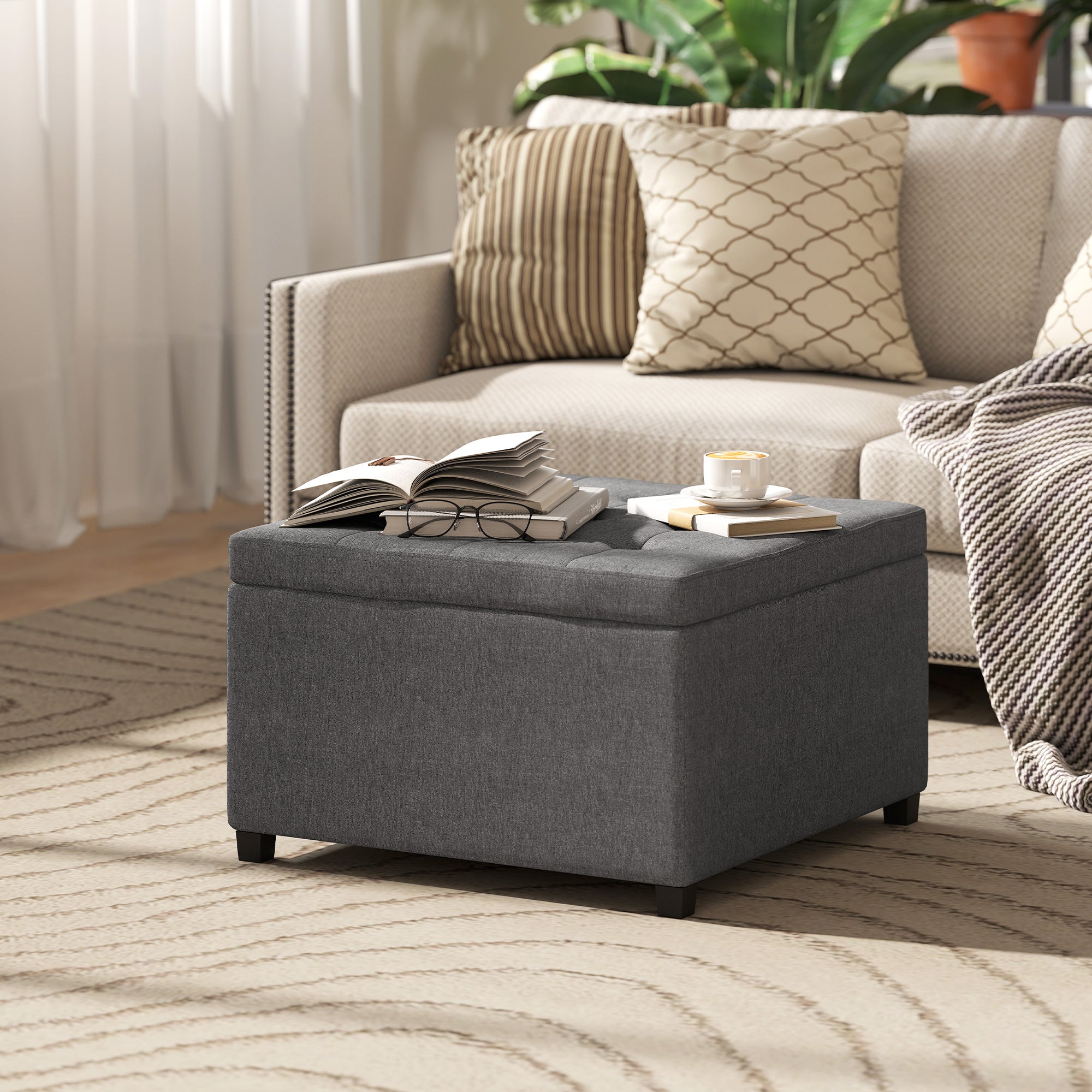 Round Storage Ottoman Bench, Button Tufted Ottoman with Flip Top for Living Room, Entryway and Bedroom, Gray