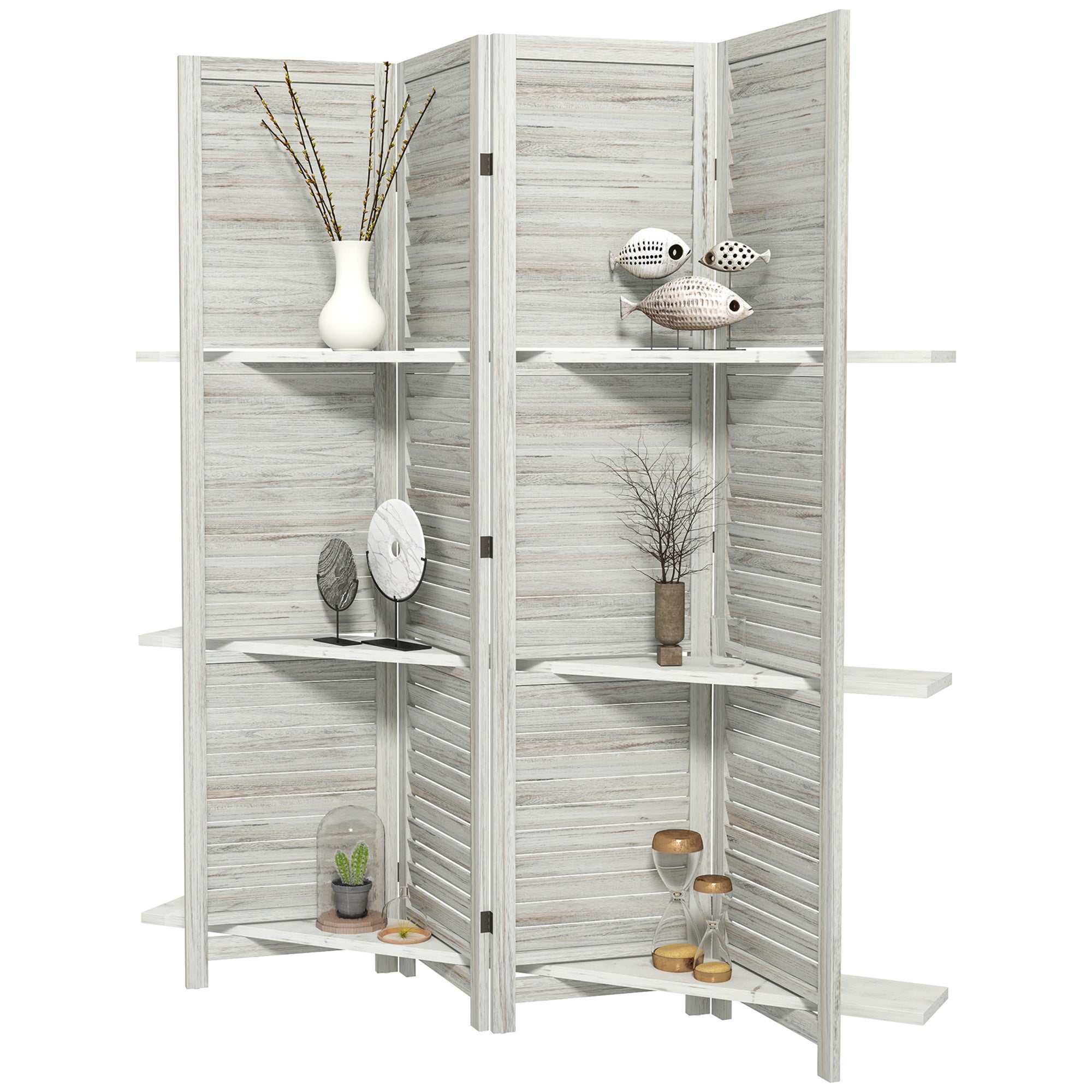 4 Panel 67" Tall Wood Privacy Screen Room Divider with 3 Shelves and Folding Storage for Bedroom, Distressed White