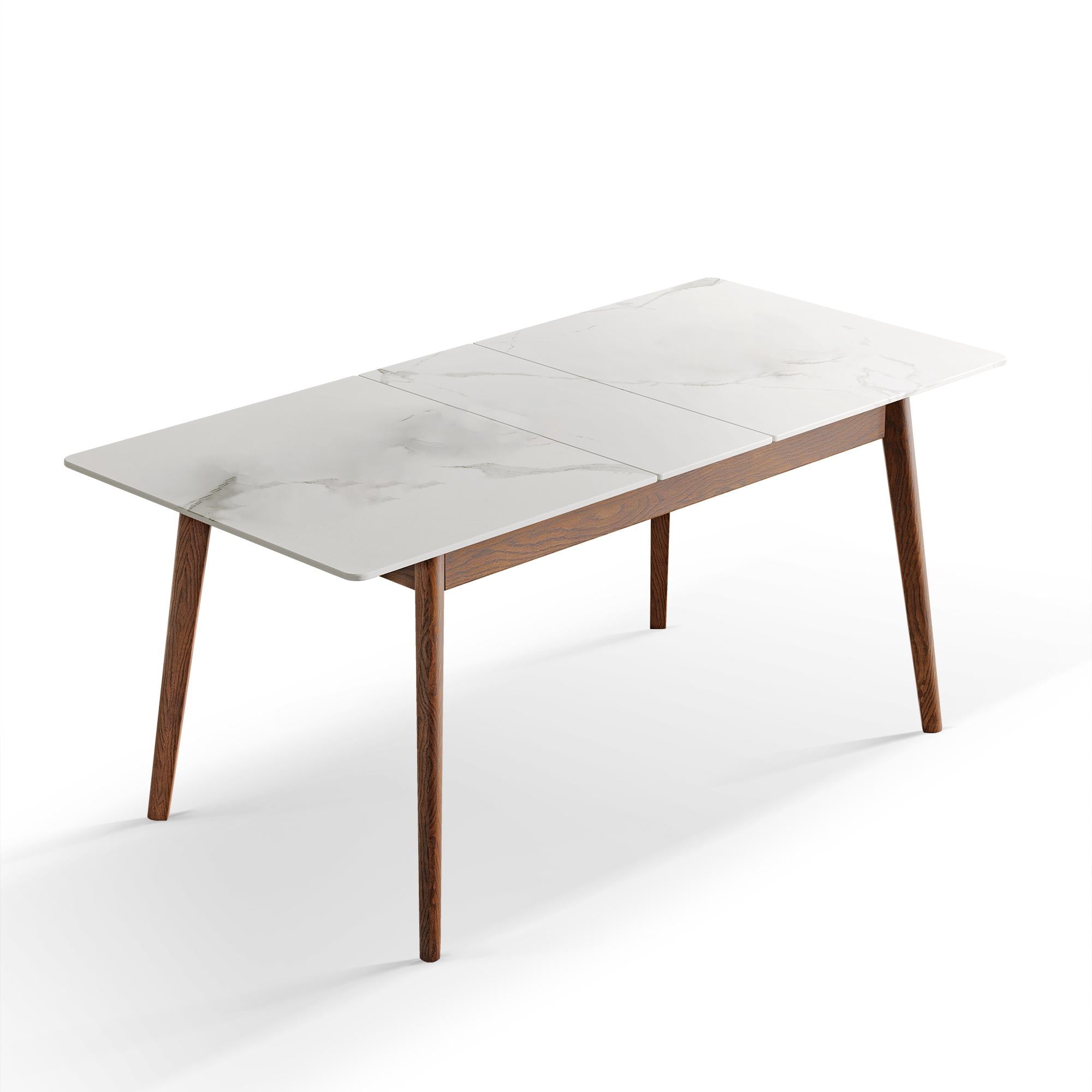 Extendable Dining Table with Stone Slab Tabletop, Sturdy Kitchen Table with Rounded Corners, 59″ L x 31.5″ W x 29.5″ H, White+Walnut