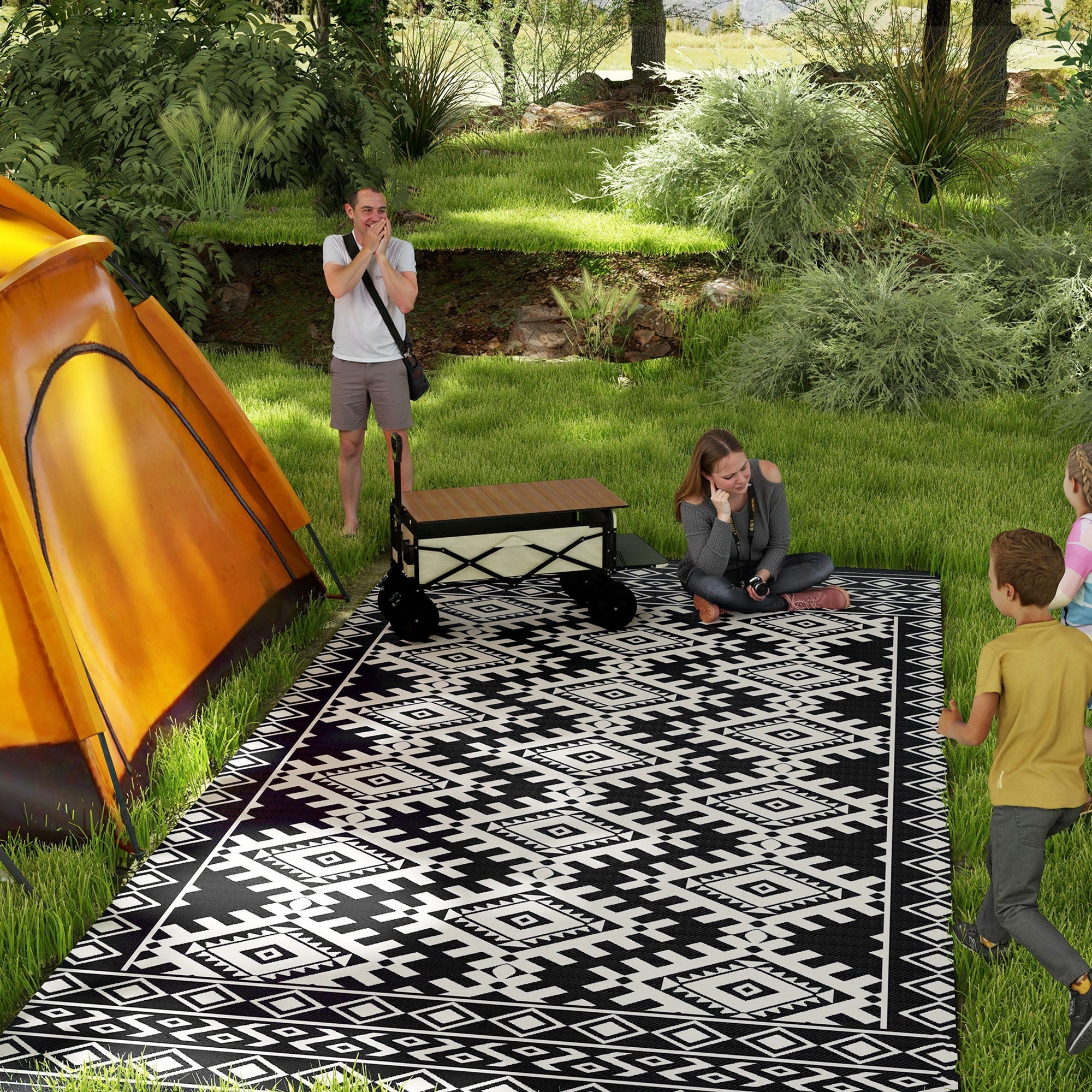 Reversible Outdoor Rug, Waterproof Plastic Straw with Carry Bag, 9' x 18', Black & White Rhombus Border