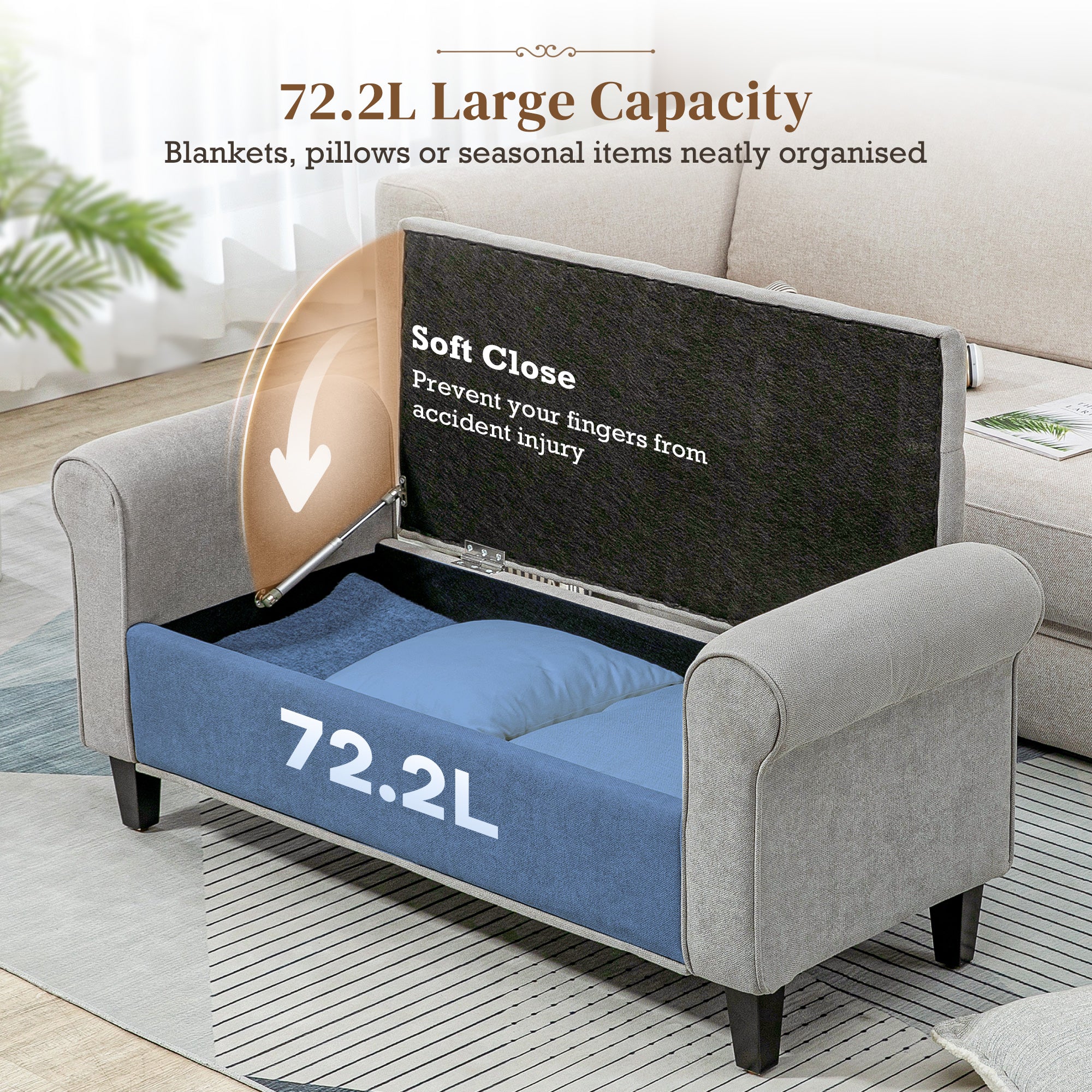 50 Inches Storage Ottoman, End of Bed Bench with Rolled Arms, Wood Legs, Button Tufted Storage Bench, Gray