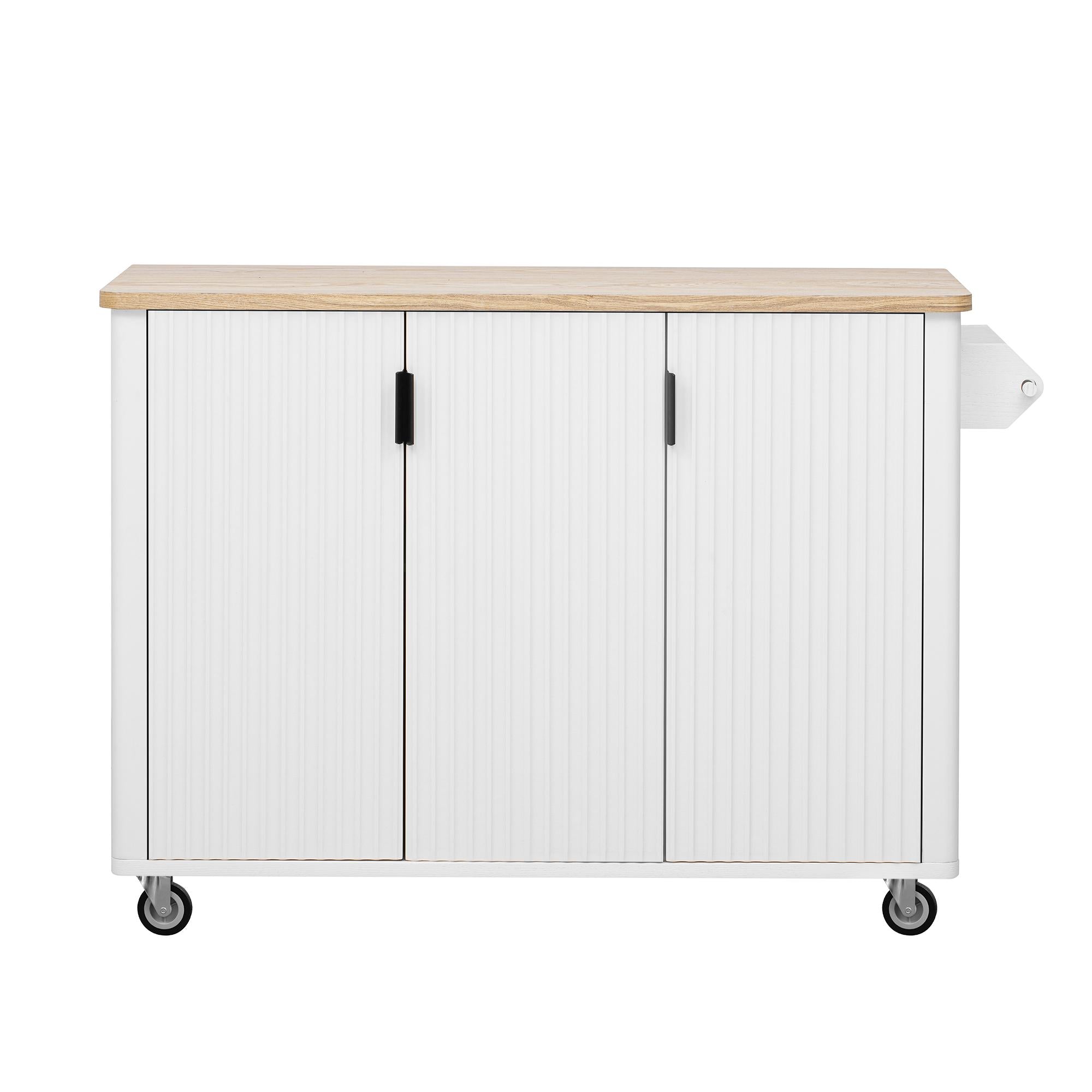 Fluted Kitchen Island with Drop Leaf, Internal Storage Rack, Rolling Kitchen Cart with Towel Rack, Adjustable Shelves, Smooth Curved Edge, White
