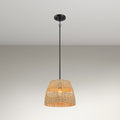 Farmhouse Style Single Light Pendant with Rattan Shade, Black Metal Finish, Ideal for Homer Decor, 12" L x 12" W x 10" H, Black