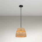 Farmhouse Style Single Light Pendant with Rattan Shade, Black Metal Finish, Ideal for Homer Decor, 12" L x 12" W x 10" H, Black