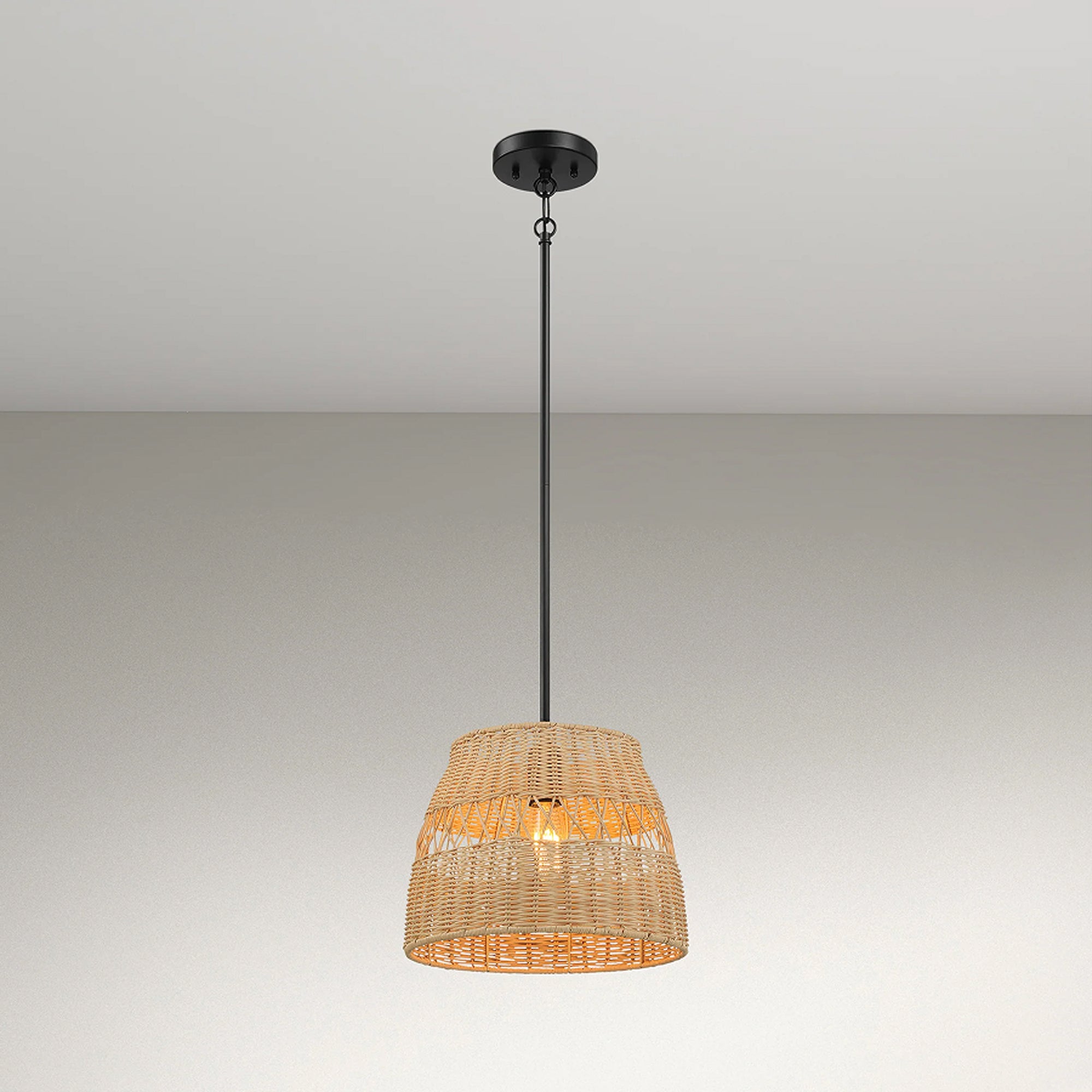 Farmhouse Style Single Light Pendant with Rattan Shade, Black Metal Finish, Ideal for Homer Decor, 12" L x 12" W x 10" H, Black