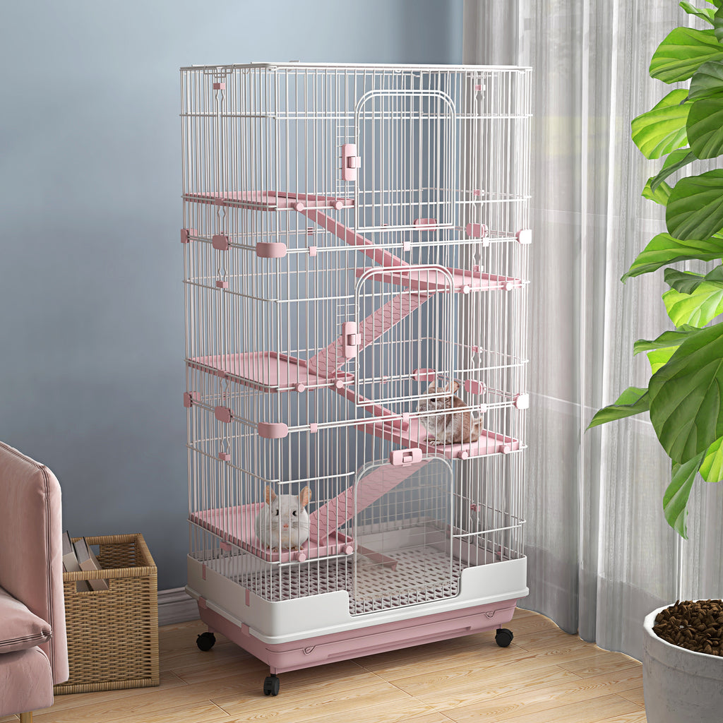 32"L 6-Level Small Animal Cage Rabbit Hutch with Universal Lockable Wheels, Slide-out Tray for Bunny, Chinchillas, Ferret, Pink