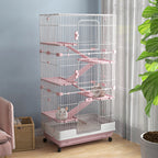 32"L 6-Level Small Animal Cage Rabbit Hutch with Universal Lockable Wheels, Slide-out Tray for Bunny, Chinchillas, Ferret, Pink