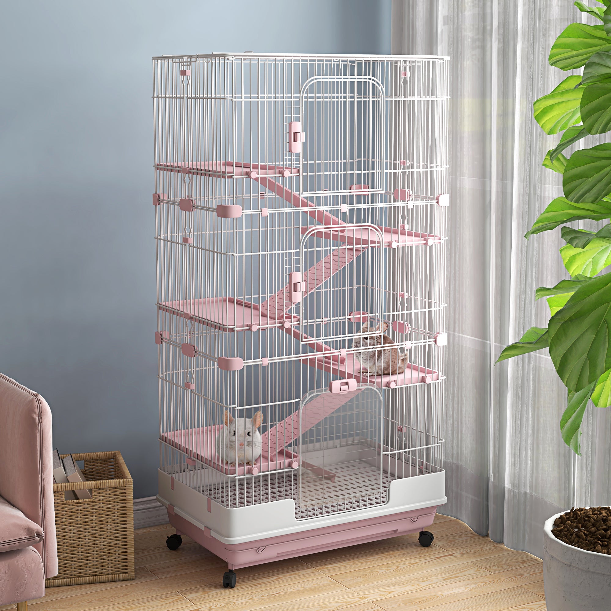 32"L 6-Level Small Animal Cage Rabbit Hutch with Universal Lockable Wheels, Slide-out Tray for Bunny, Chinchillas, Ferret, Pink