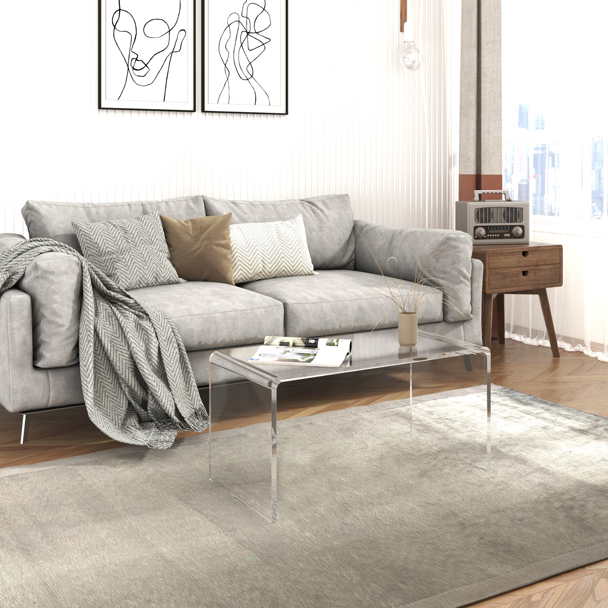 32" Acrylic Coffee Table, 0.6" Thick Rectangle Waterfall Center Table for Living Room, Modern, No Assembly Required, Clear