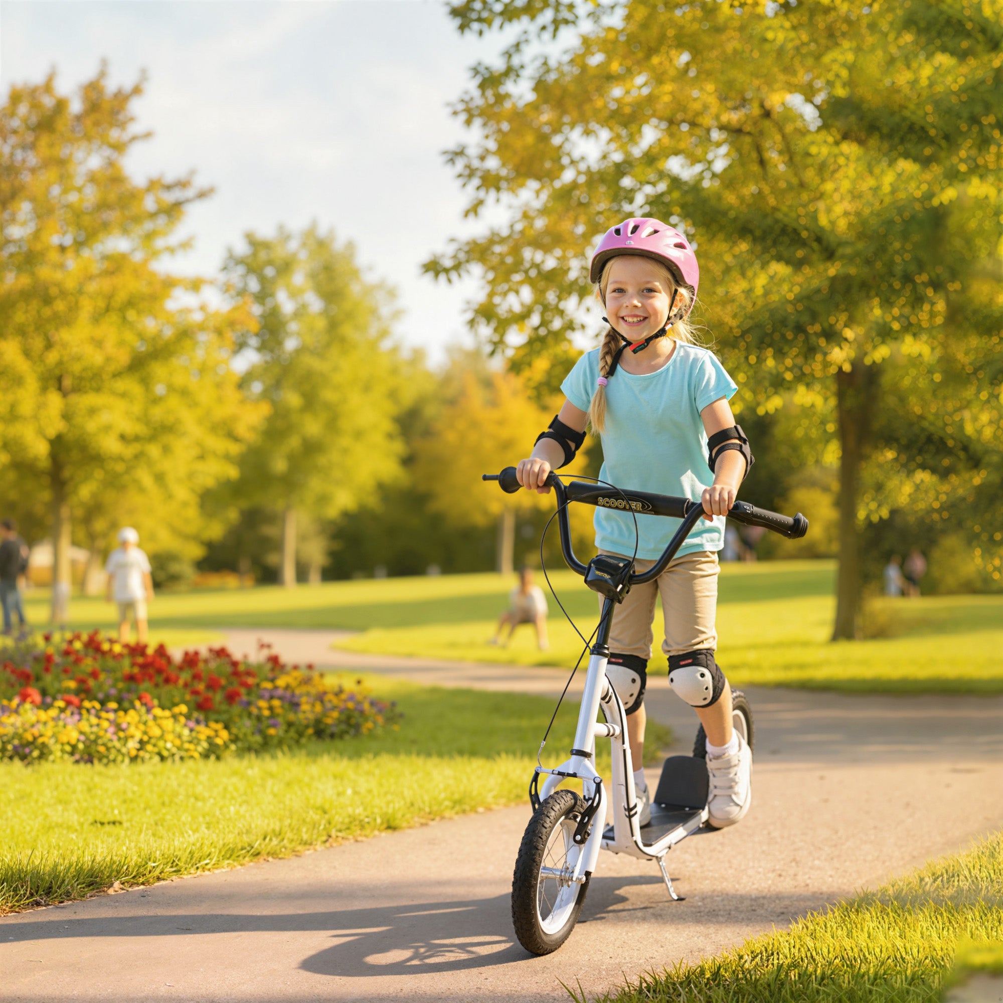 Youth Scooter Front and Rear Caliper Dual Brakes 12-Inch Inflatable Front Wheel Ride On Toy For Age 5+ - White