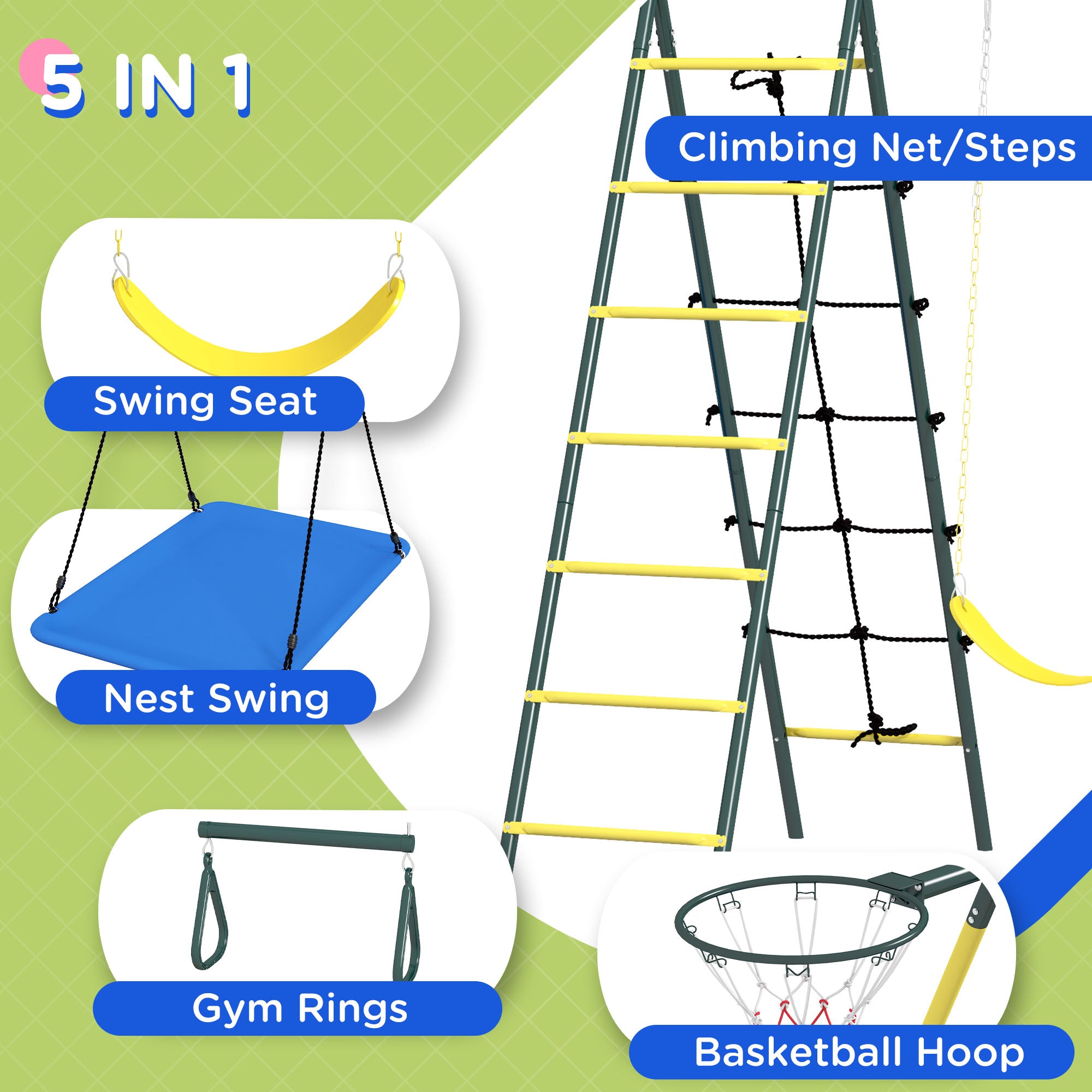 Metal Swing Set for Backyard 5 in 1 Design Holds up to 440 lbs. for Ages 3-8, Yellow