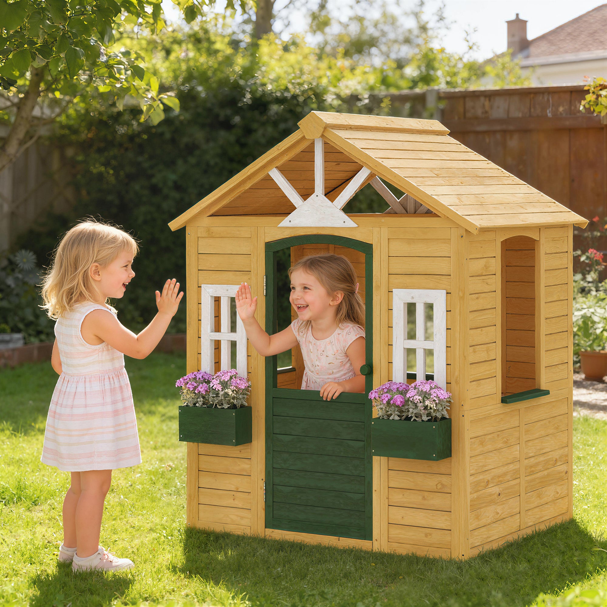 Outdoor Playhouse, Wooden Kids Playhouse with Door, 3 Windows, 2 Flower Boxes for Garden, Indoor Playroom, Ages 3–8