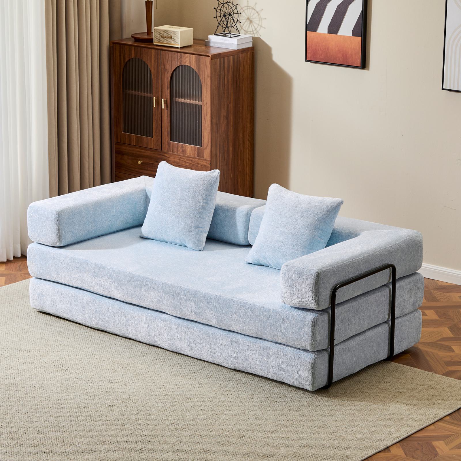 Foldable Sofa Bed Convertible Floor Sofa with Pillow Back Support and Armrest, Compressed Sofa Lounge Sleeper with Chenille Fabric, 77'' L x 37.5'' W x 23.5'' H, Light Blue