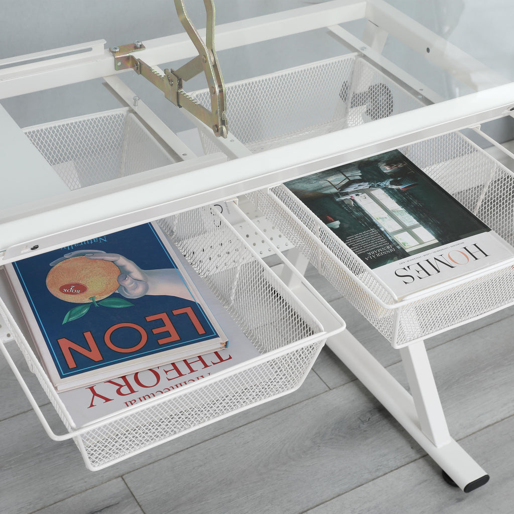 Adjustable Tempered Glass Drafting Table with 2 Metal Drawers, Chair, Powder-Coated Steel Frame Desk for Kids, 40" L x 23.5" W x 27.5" H, White