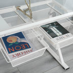 Adjustable Tempered Glass Drafting Table with 2 Metal Drawers, Chair, Powder-Coated Steel Frame Desk for Kids, 40" L x 23.5" W x 27.5" H, White