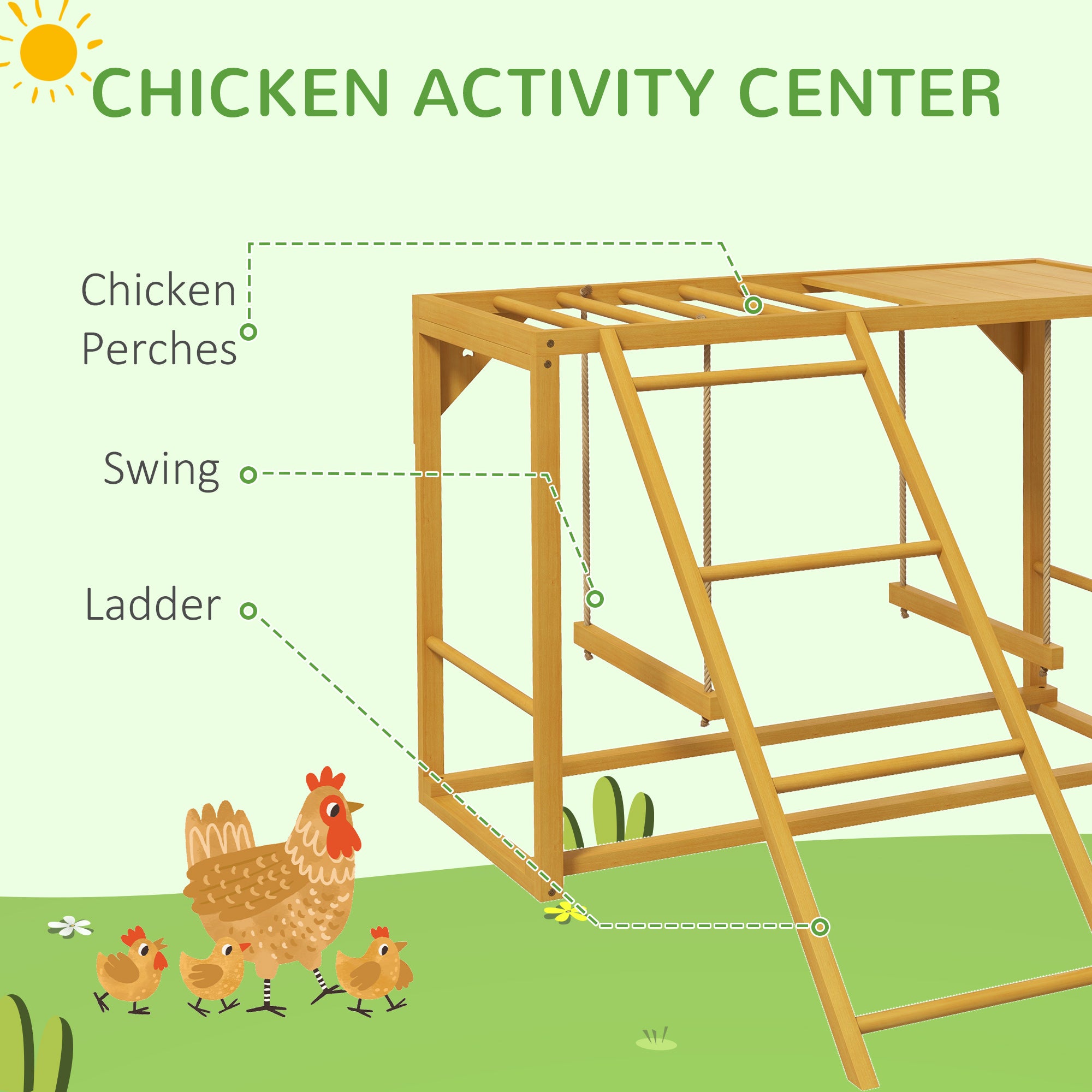 Wooden Chicken Activity Play w/ Swing Set, Chicken Coop Toy, Natural