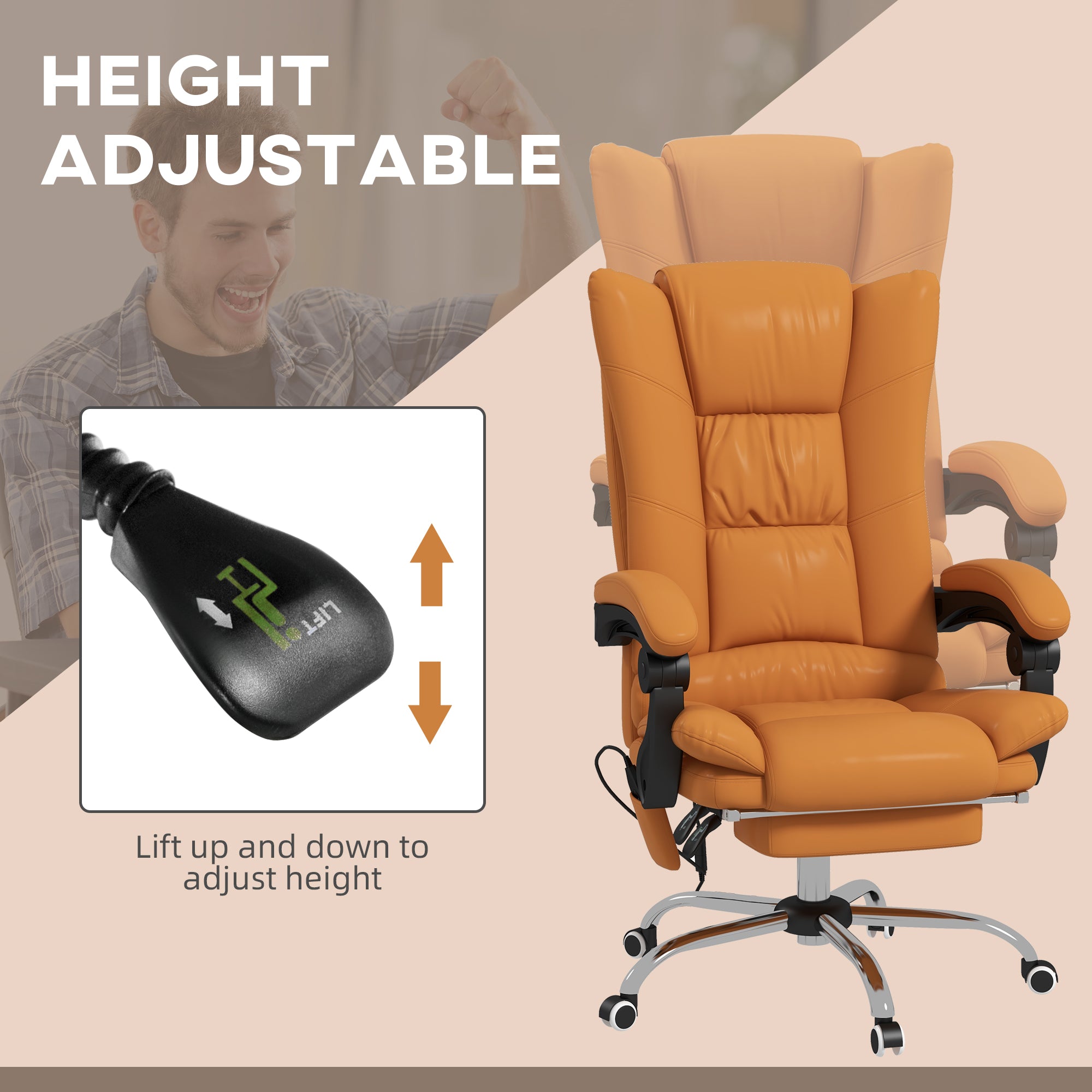 PU Leather Executive Massage Office Chair with 4 Vibration, Reclining w/ Adjustable Height, Swivel Wheels, Light Brown