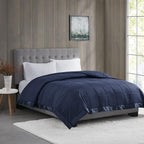 Hypoallergenic Lightweight Down Alternative Blanket with Satin Trim, 3M Scotchgard Treatment, Ideal for All Seasons, 90" L x 90" W x 0.25" H, Navy