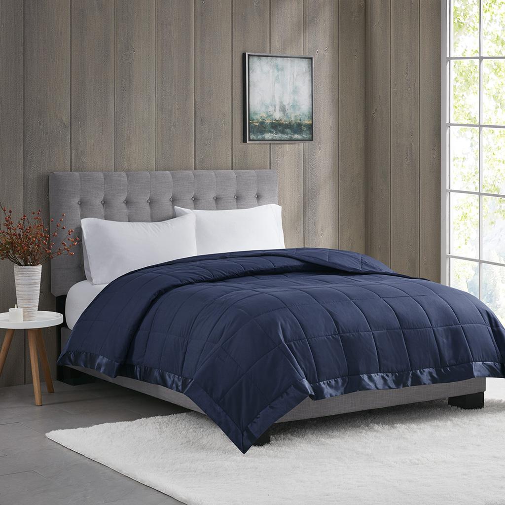 Hypoallergenic Lightweight Down Alternative Blanket with Satin Trim, 3M Scotchgard Treatment, Ideal for All Seasons, 90" L x 90" W x 0.25" H, Navy