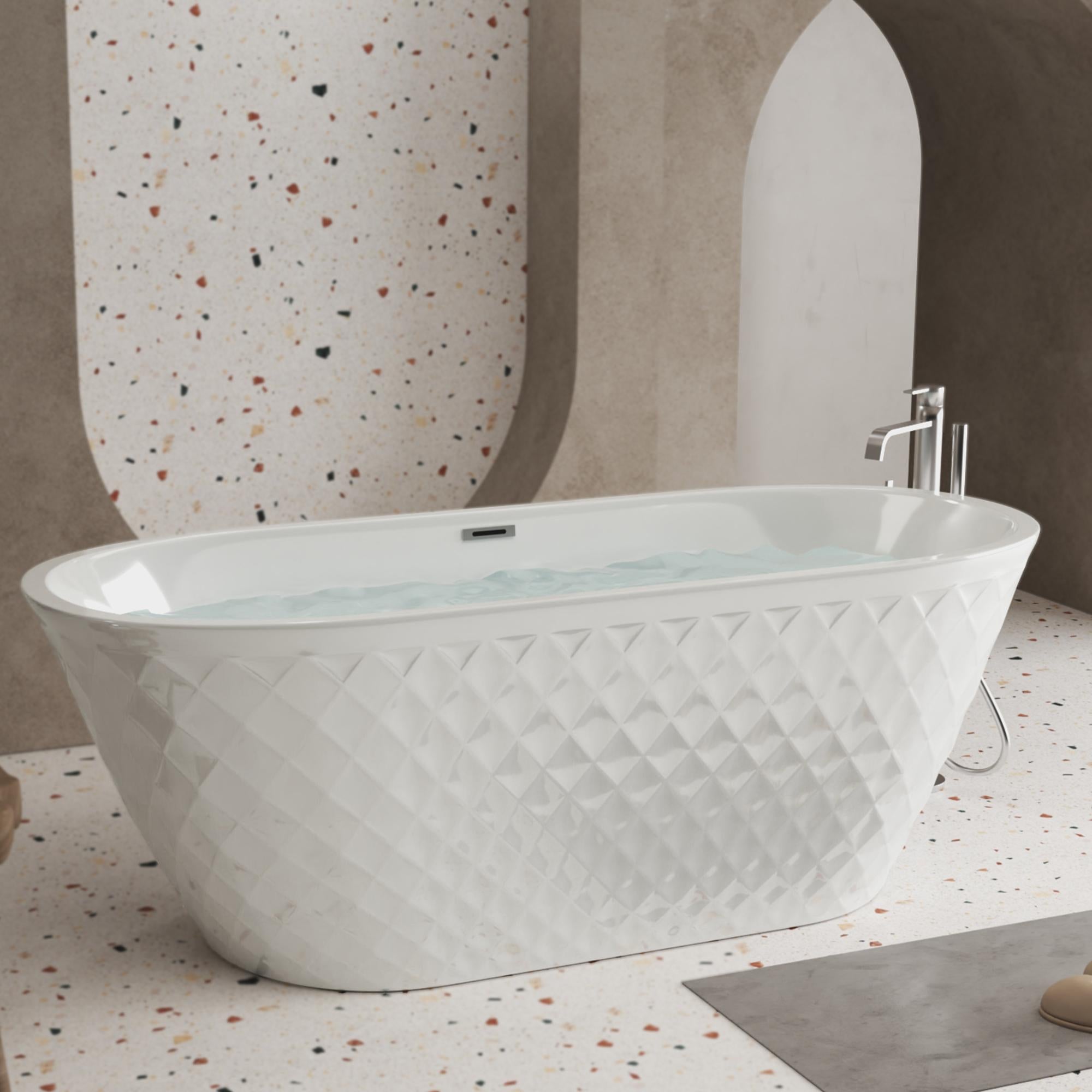 59" Acrylic Freestanding Bathtub with Unique Diamond-Pattern Exterior, Oval Soaking Tub for Bathroom, 59" L x 29.5" W x 23" H, Gloss White