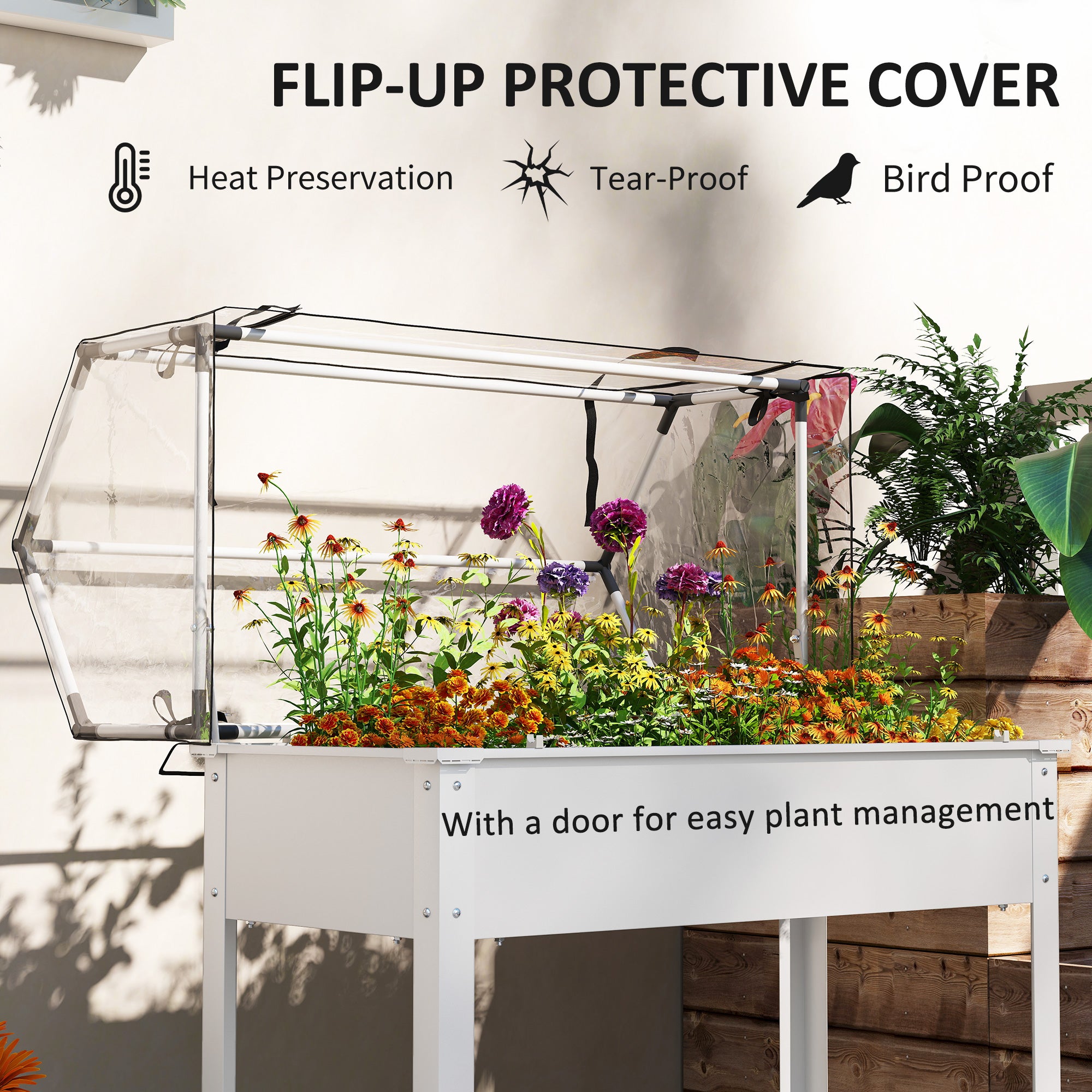 Elevated Garden Box with Greenhouse Cover, Raised Garden Bed with Legs and Drainage Hole for Vegetables, White