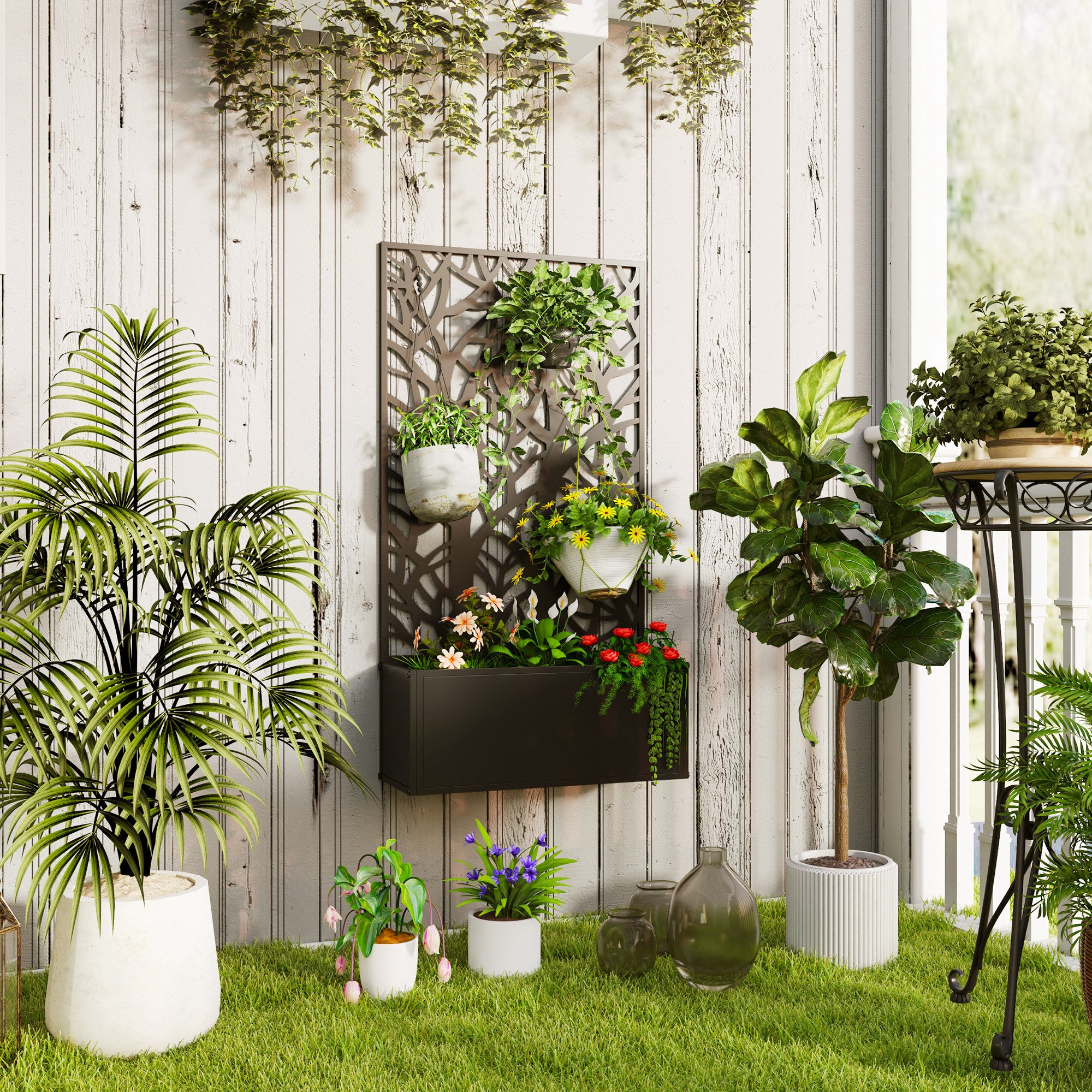Metal Garden Bed with Trellis for Climbing Plants, Freestanding or Wall Mounted Flower Bed for Garden, Patio, Balcony