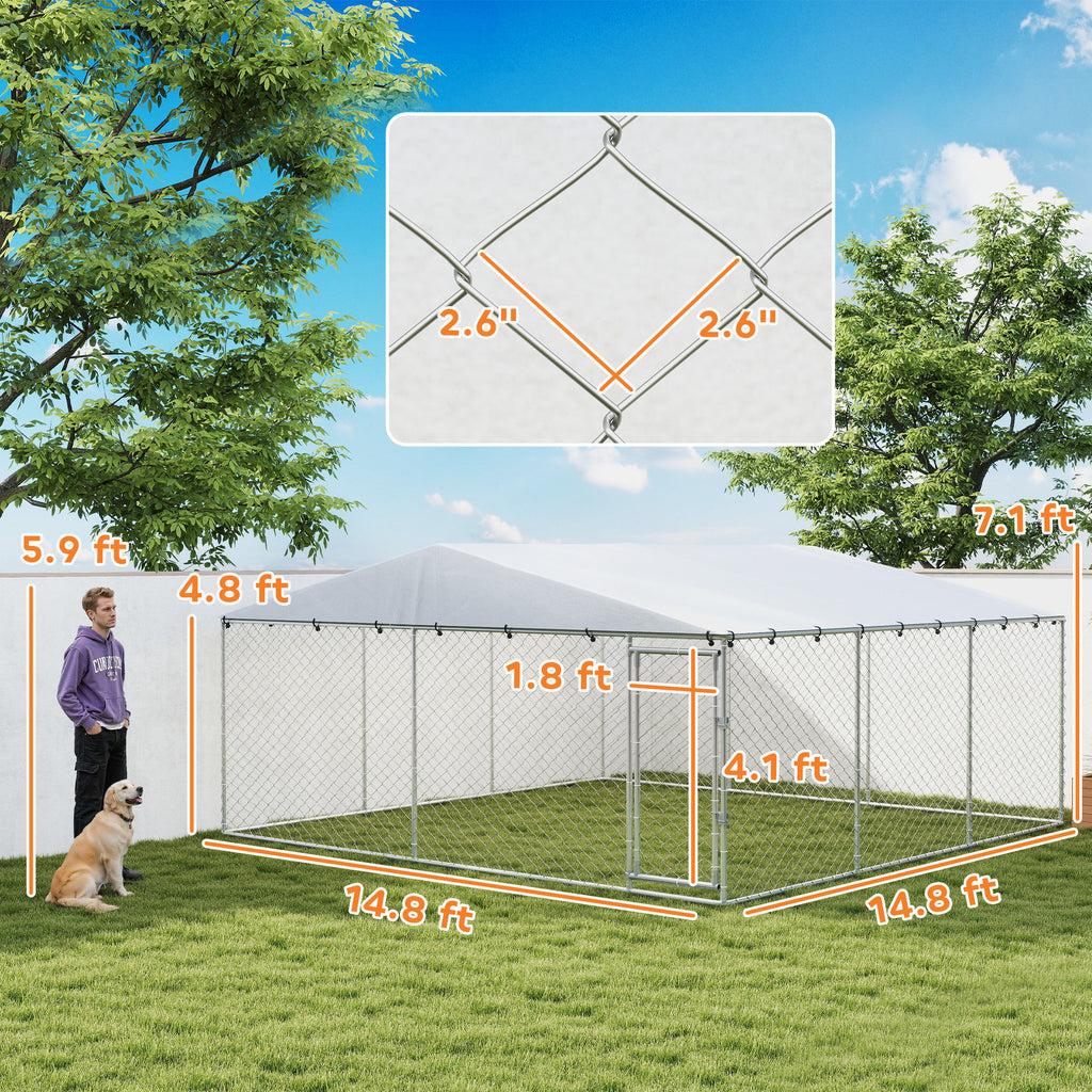 15' x 15' x 7' Dog Kennel Outdoor for Small Medium Large Dogs with Waterproof Roof, Silver