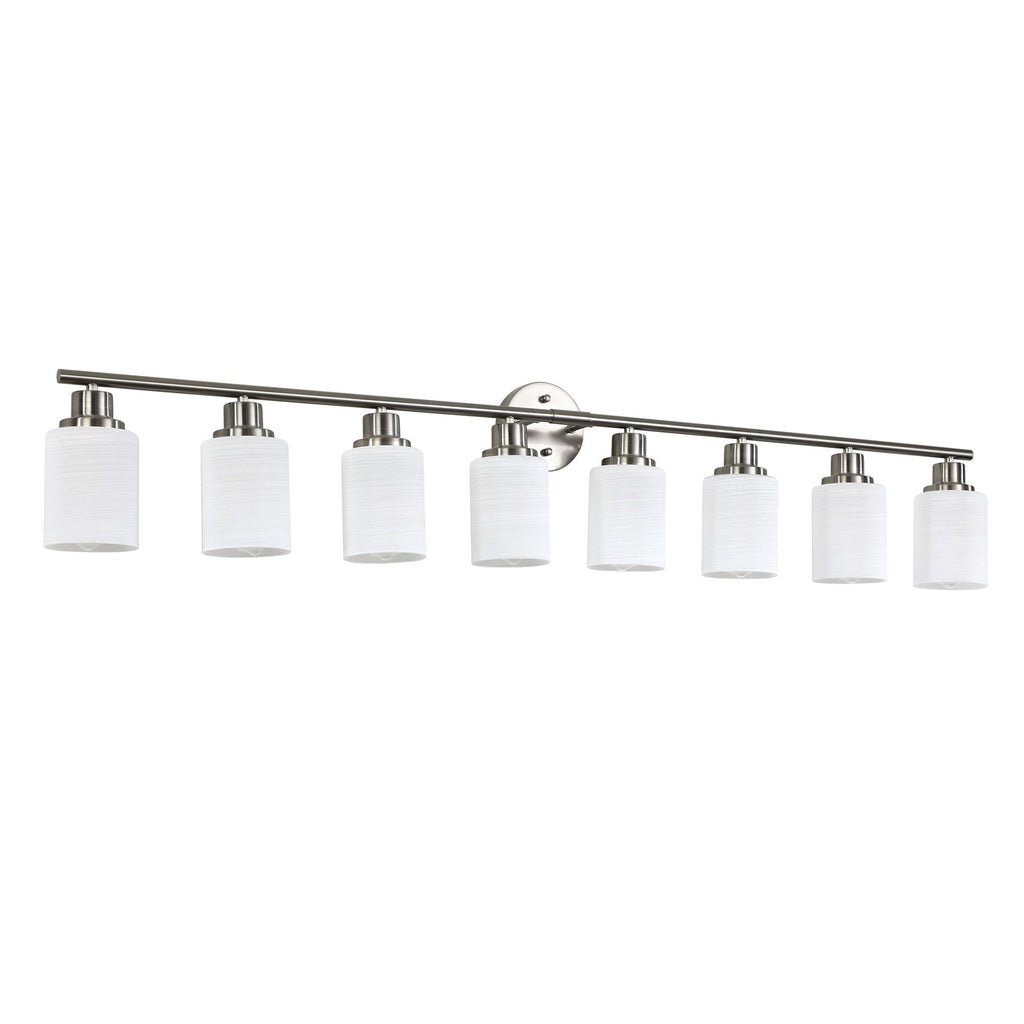 52" 8-Light Vanity Wall Sconce with Frosted Glass Shades, Brushed Nickel Finish, Ideal for Bathroom, Hallway, 52" L x 6.5" W x 10" H, Silver