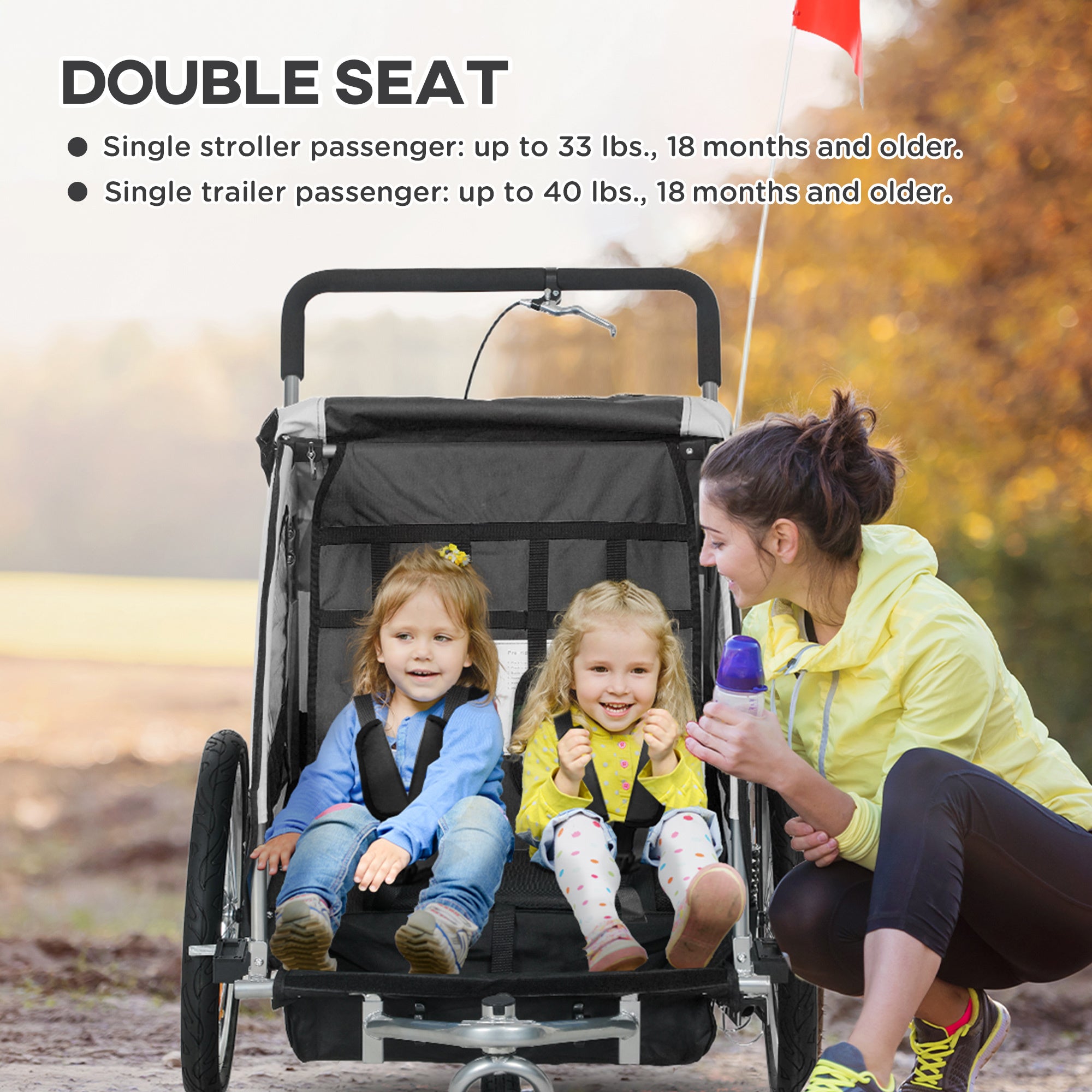 2-Seat Elite 360 Swivel Bike Trailer for Kids Bicycle Cargo Trailer with Water-Resistant Windows, Black and White