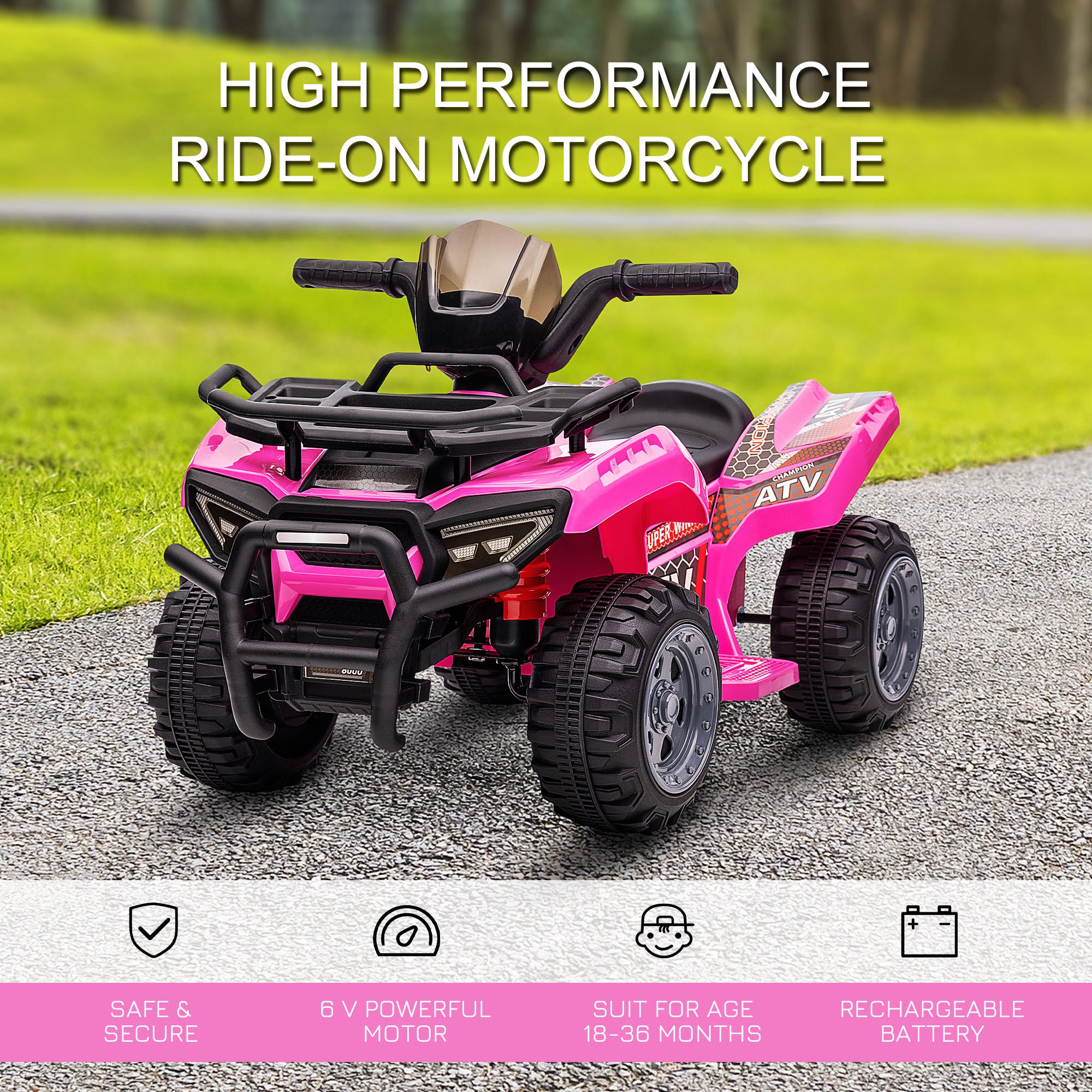 Kids Four Wheeler Ride on Car, Motorized Quad, 6V Battery Powered Electric Quad with Songs for 18-36 Months, Pink