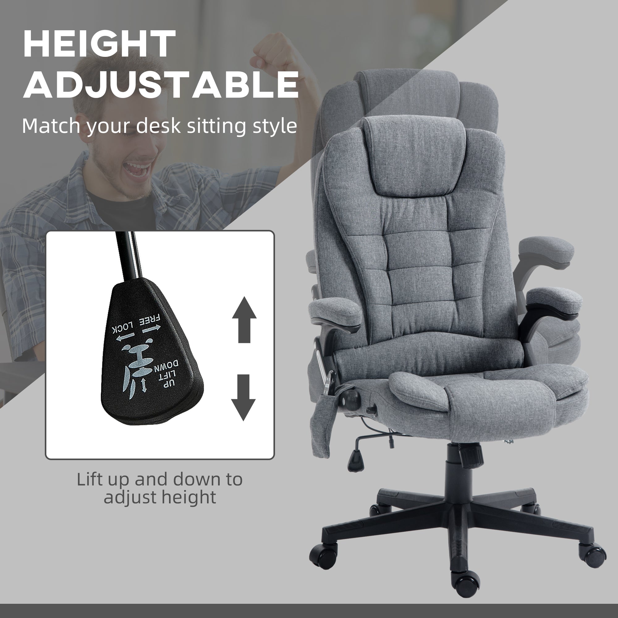 6 Point Vibrating Massage Office Chair with Heat, Linen High Back Massage Desk Chair with Reclining Backrest, Gray