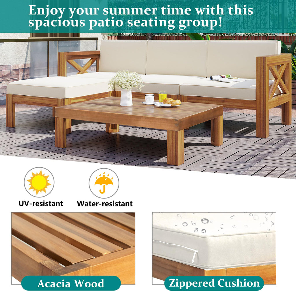 Casual Outdoor Sectional Sofa with Wood Frame & Cushions, Patio Seating Group for Backyard, 25.5" L x 25.5" W x 25.5" H, Beige