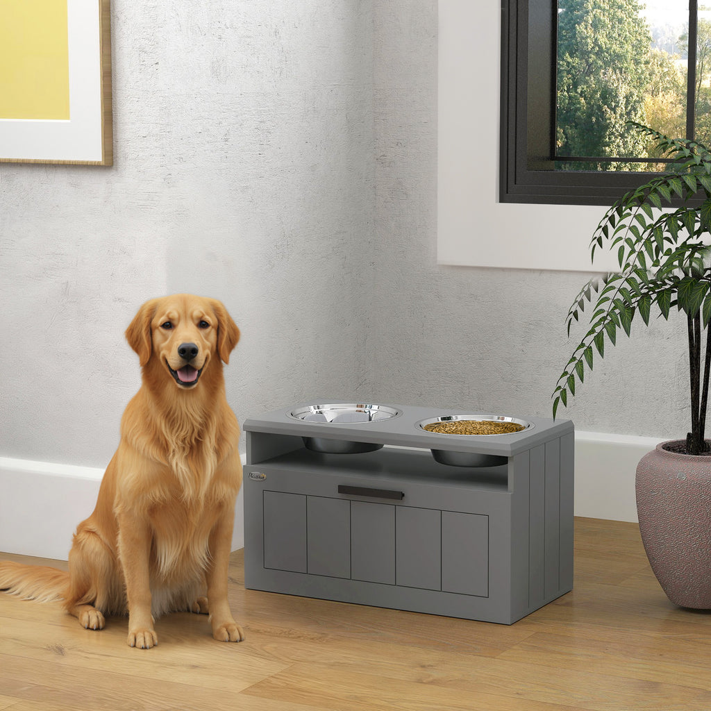 Elevated Dog Bowls, Large Breed Raised Dogs Bowl Stand with 2 Stainless Steel Bowls, Storage Drawer and Slow Feeder Mat