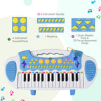 31-Key Kids Toy Keyboard Piano, Electronic Musical Instrument with Multiple Sounds, Stool, Microphone and Bright Flashing Lights, Blue