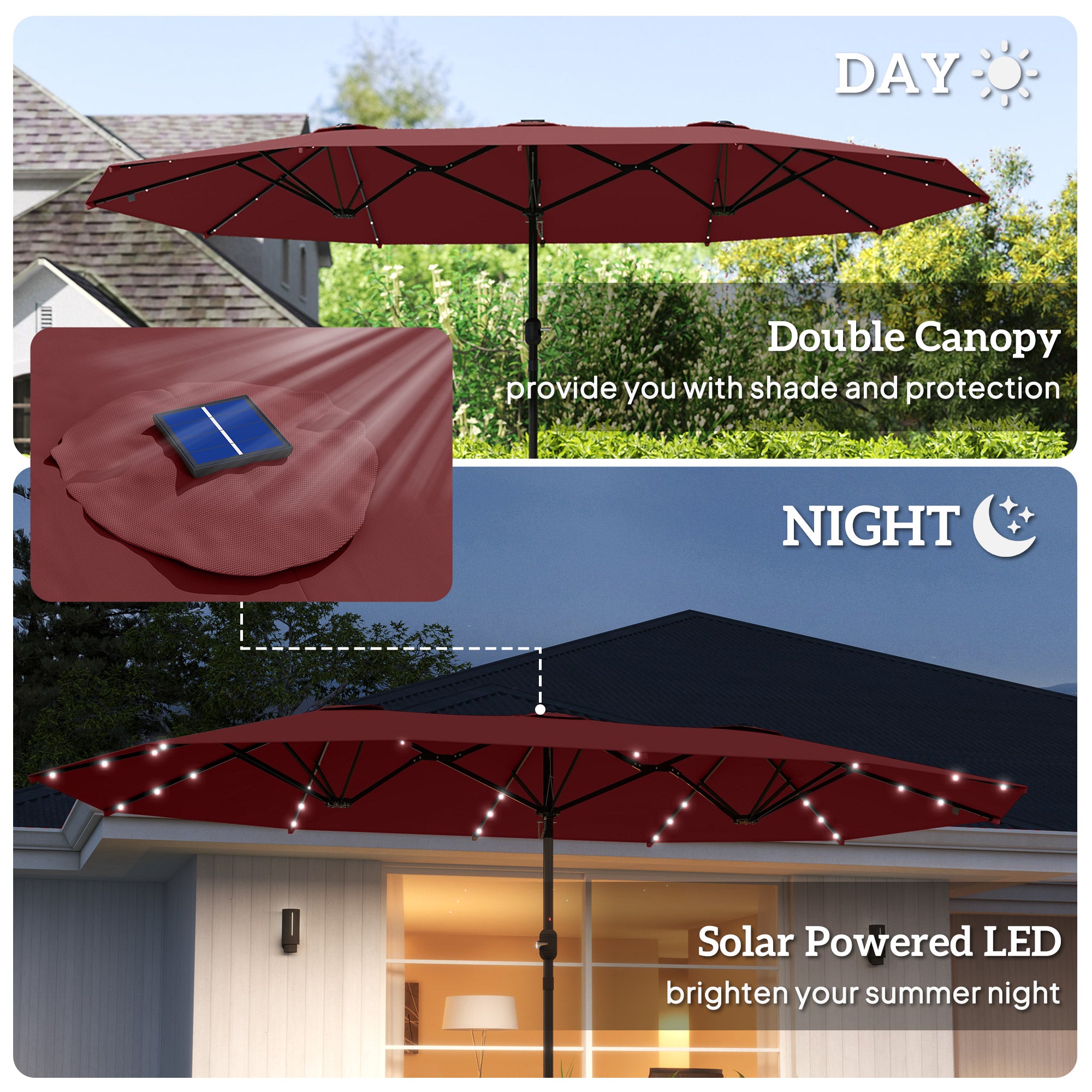 Garden Parasol 14.4ft Double-Sided Sun Umbrella with Base, Patio Parasol with LED Solar Lights, Wine Red