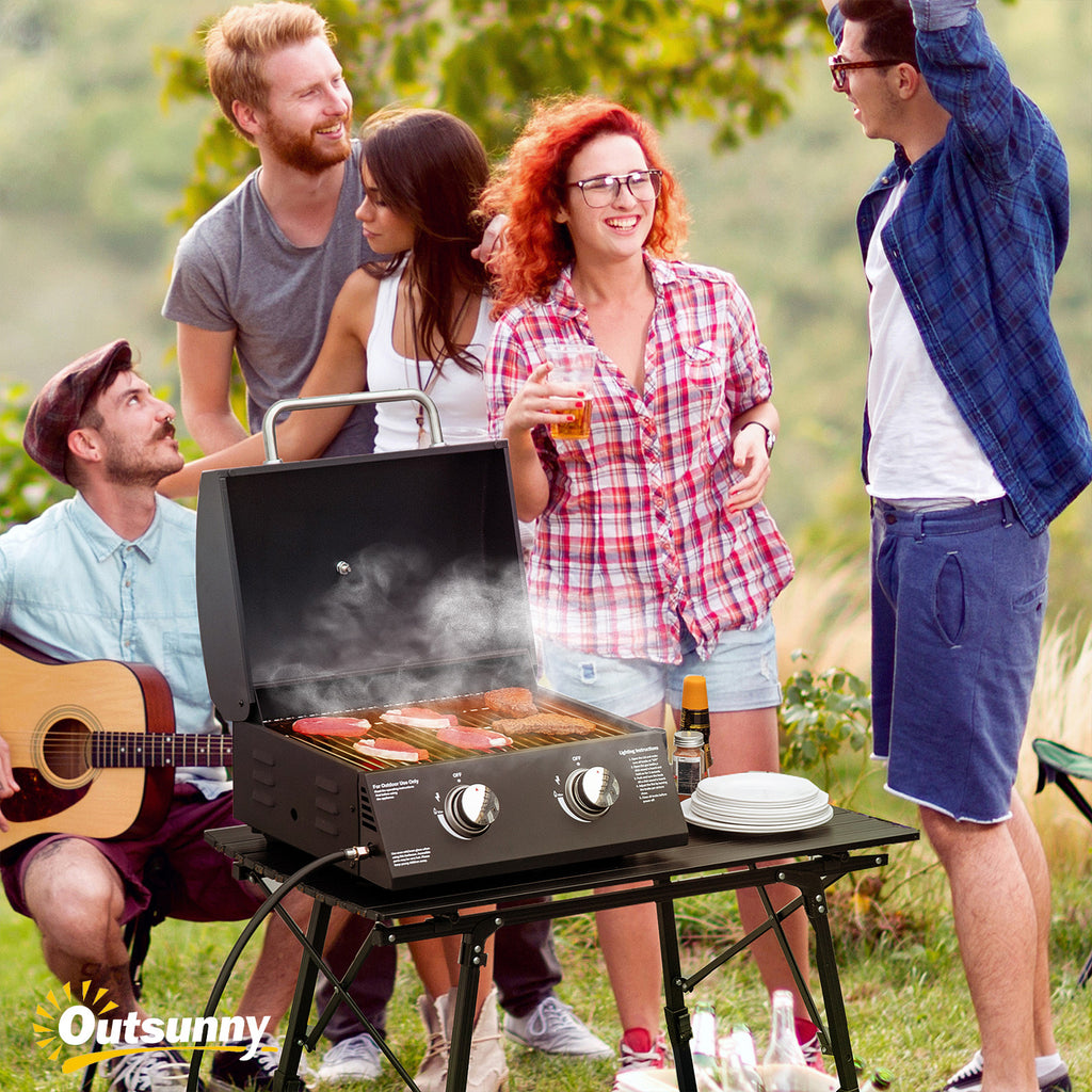 21.75" Charcoal BBQ, Portable Grill with 2 Burners, Heat-Resistant Handle, Folding Legs, Removable Ashtray, Thermometer, Carbon Steel, for Outdoor Cooking, Camping, Black