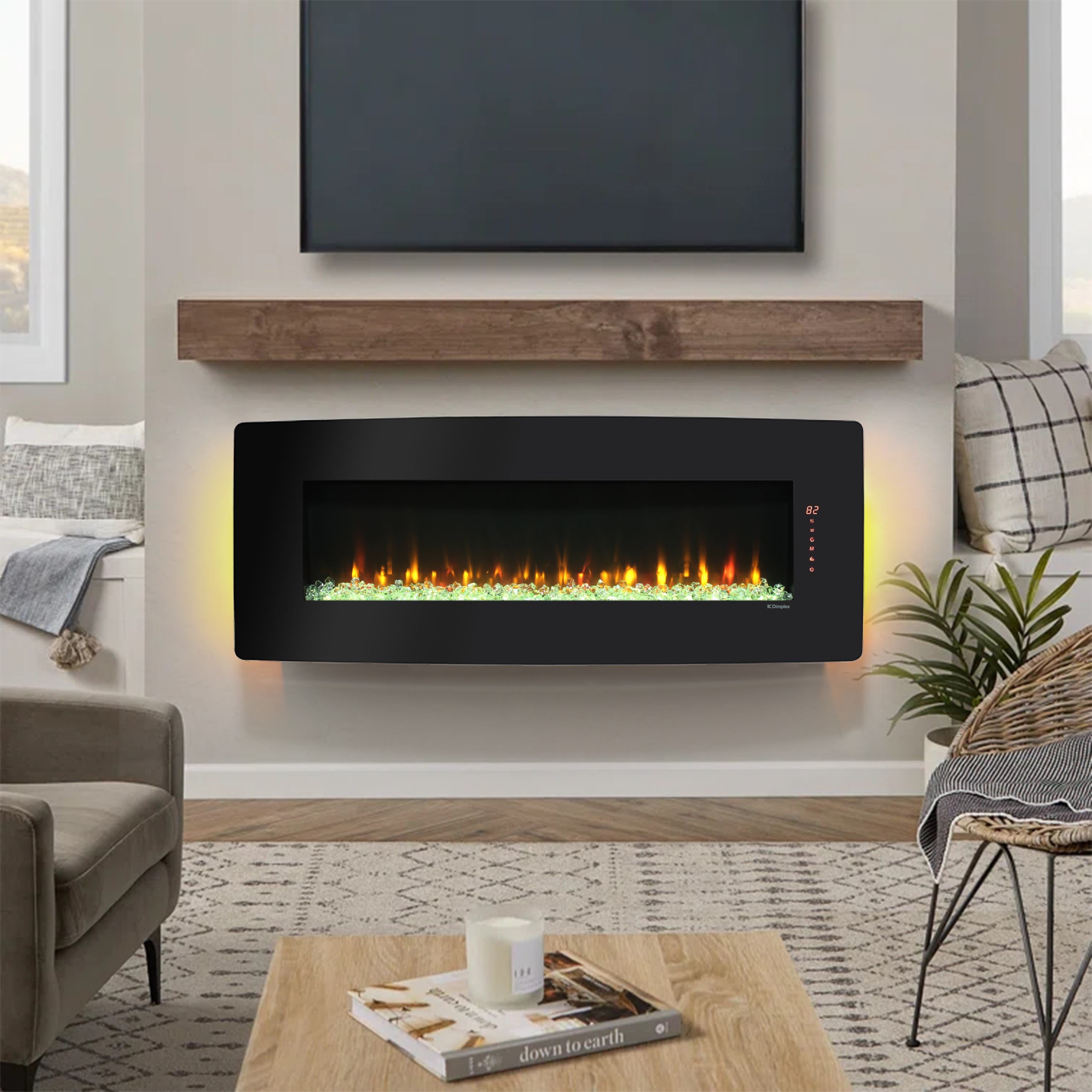 48" Remote Curved Wall Mounted Electric Fireplace with Multi-Color Flame, Ember Bed, and Adjustable Backlight, Antique Black