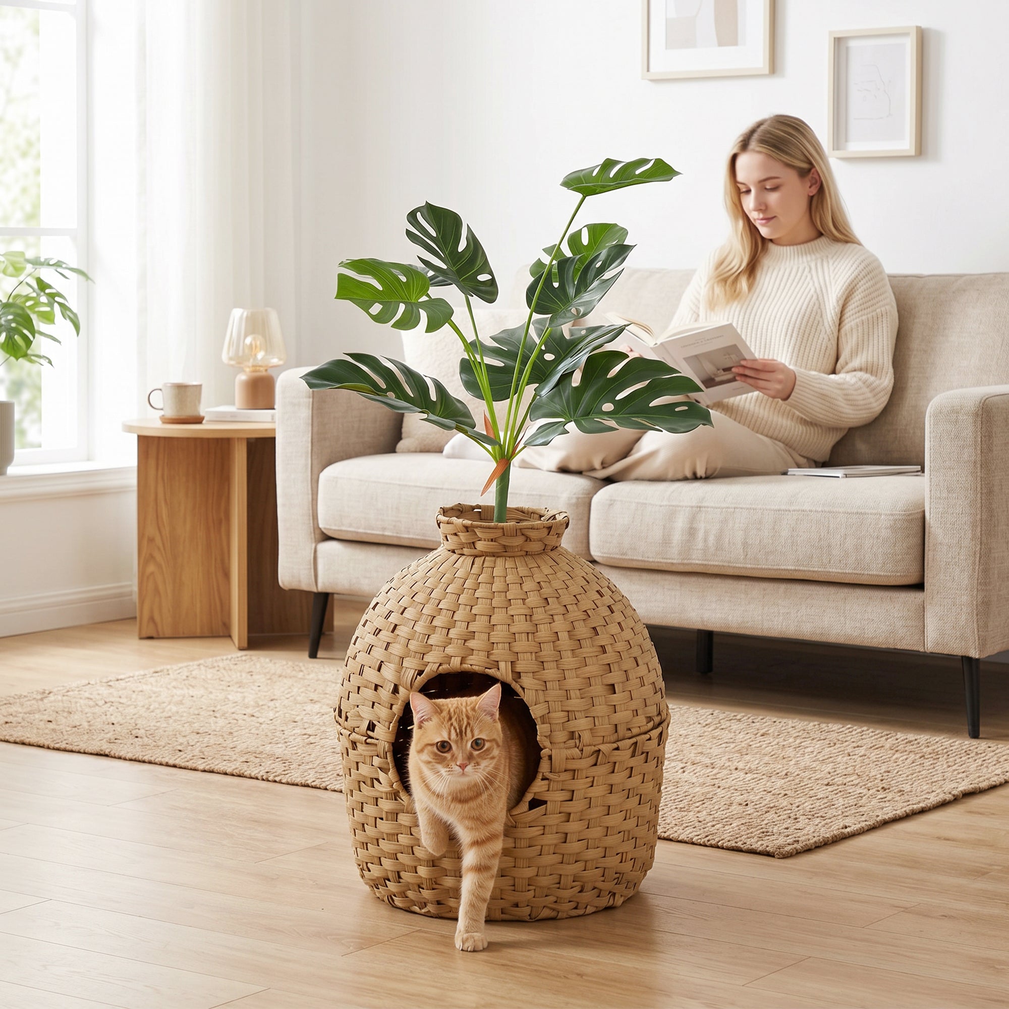 Hidden Cat Litter Box Enclosure with Faux Plant & Stainless Steel Tray for Bedroom, Living Room, Corner