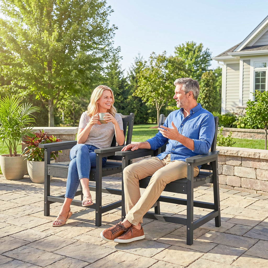 2 Piece All-Weather Patio Chairs, HDPE Patio Dining Chair Set, Heavy Duty Wood-Like Outdoor Furniture, Gray