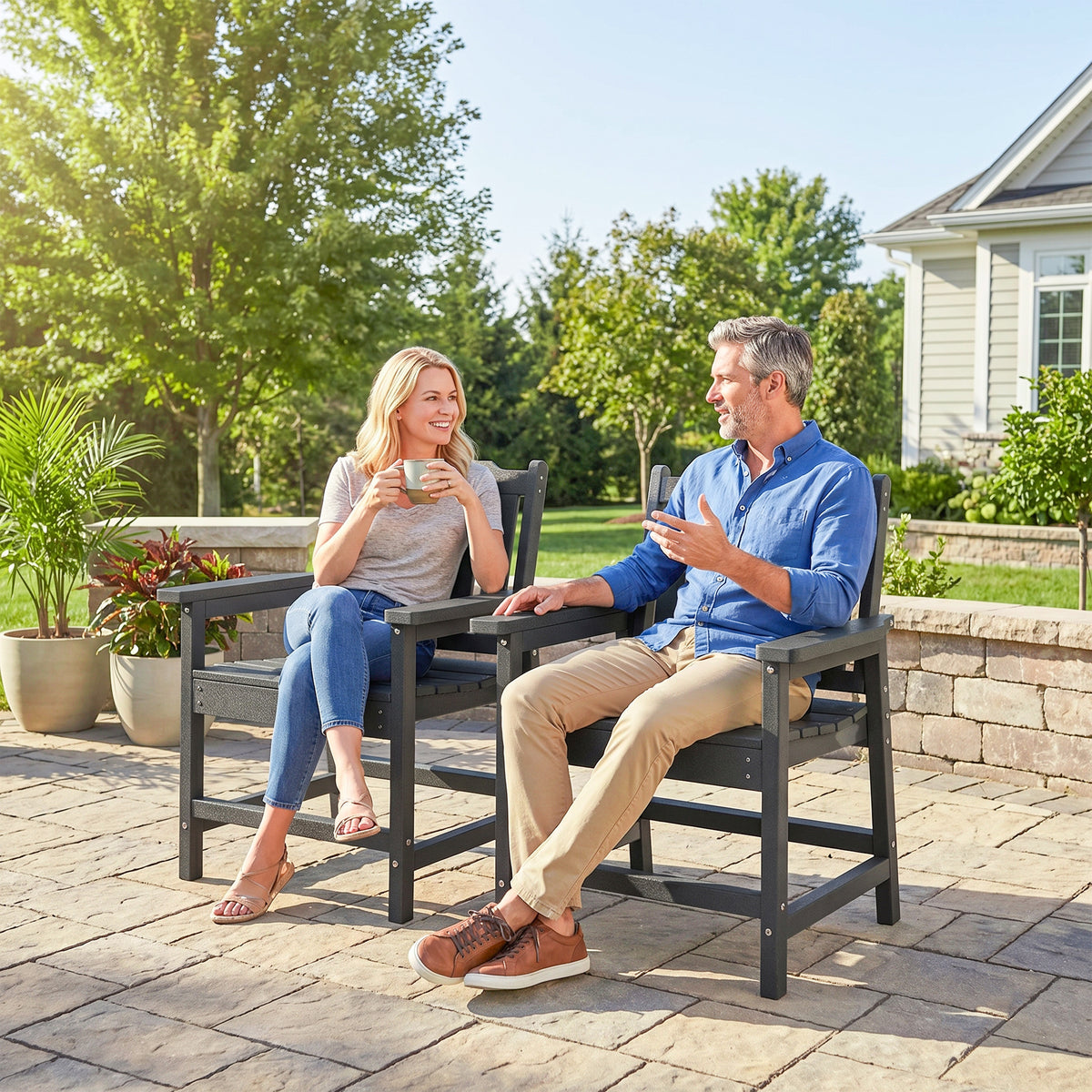 2 Piece All-Weather Patio Chairs, HDPE Patio Dining Chair Set, Heavy Duty Wood-Like Outdoor Furniture, Gray