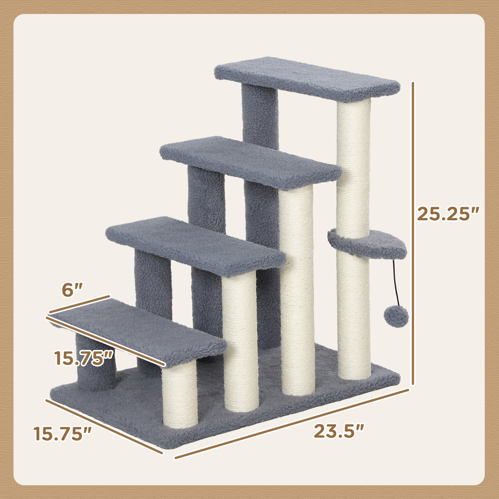 4 Levels Cat Steps with Scratching Posts for High Bed, Sofa, Gray