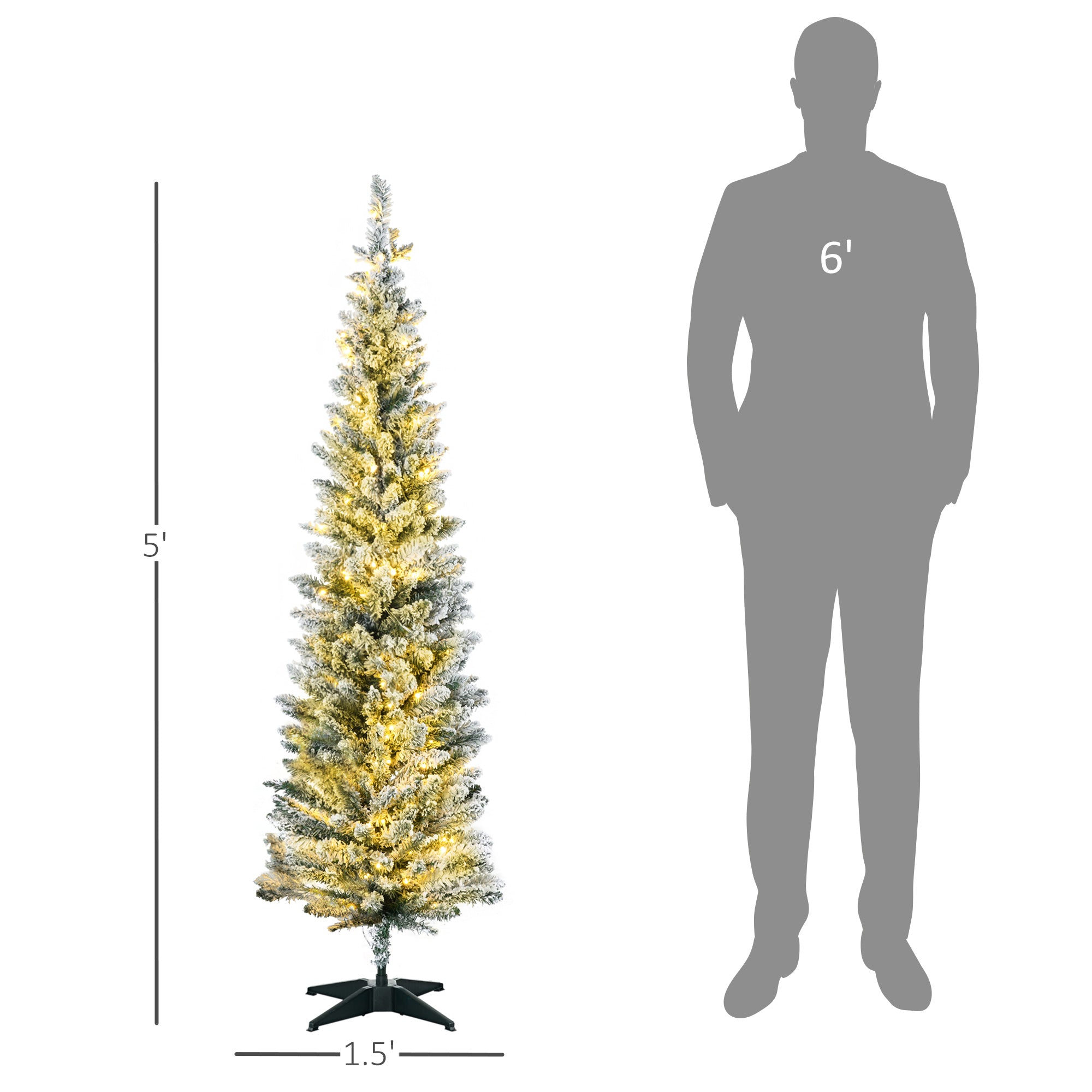 5ft Pencil Christmas Tree, Slim Artificial Christmas Tree with Realistic Branches and Warm White LED Lights, Green