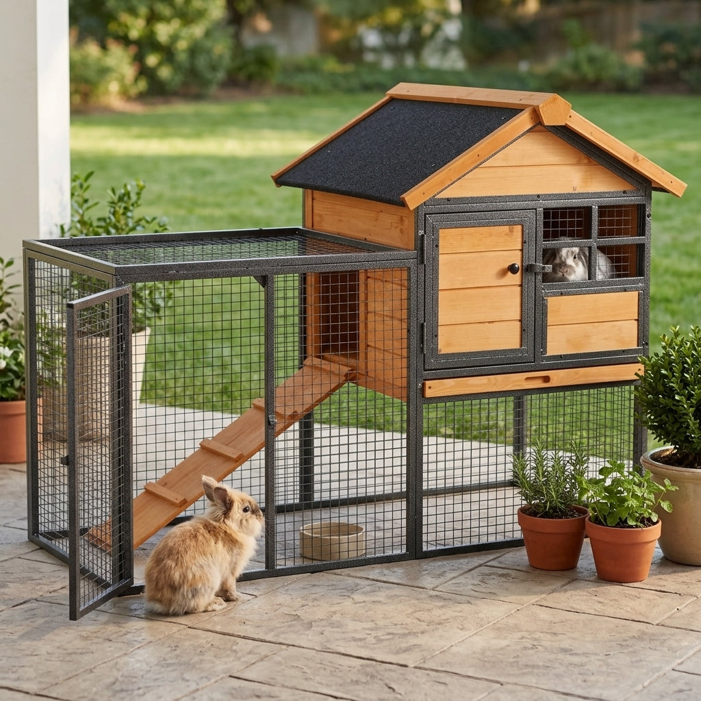 Outdoor Rabbit Cage Elevated Pet House w/ Slide-Out Tray, Natural Wood & Black