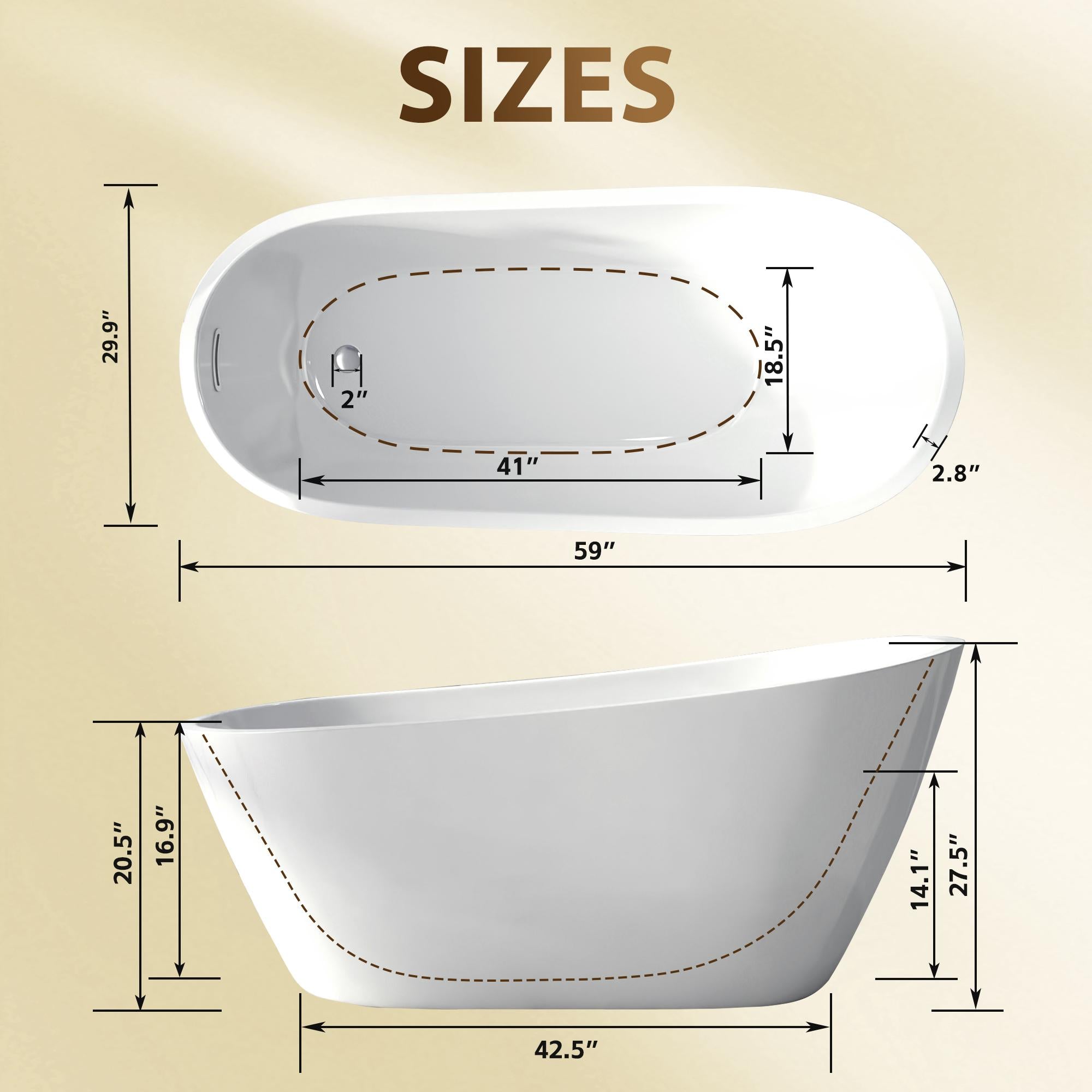 59" Special-Shaped Freestanding Slipper Bathtub with Chrome Overflow, Soaking Tub with Pop-Up Drain, 59" L x 30" W x 27.5" H, White