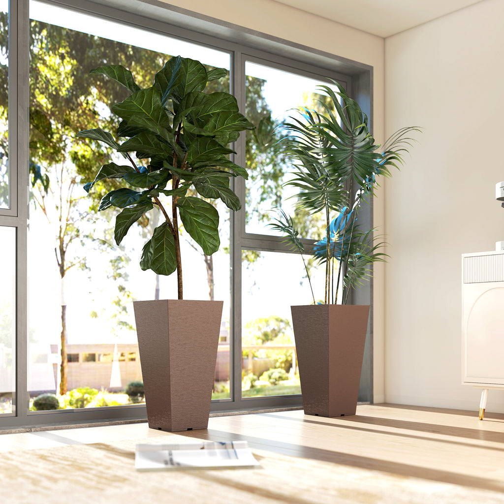 23 Inch Tall Planters for Outdoor Plants, Set of 2 Plastic Flower Pots, for Front Door Patio Garden Use, Brown