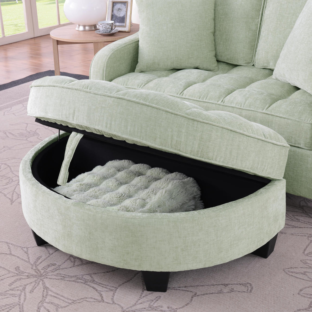 2-Seater Sofa Chaise Lounge with Irregular Curved Armrests, Ergonomic Backrest, Footrest with 2 Throw Pillows, 42.5" L x 32.5" W x 36.5" H, Cyan