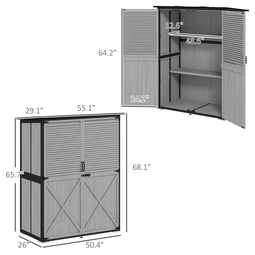Wood Storage Shed, Outdoor Garden Shed with Asphalt Roof, 2 Shelves, Lockable Doors and Adjustable Feet, Gray