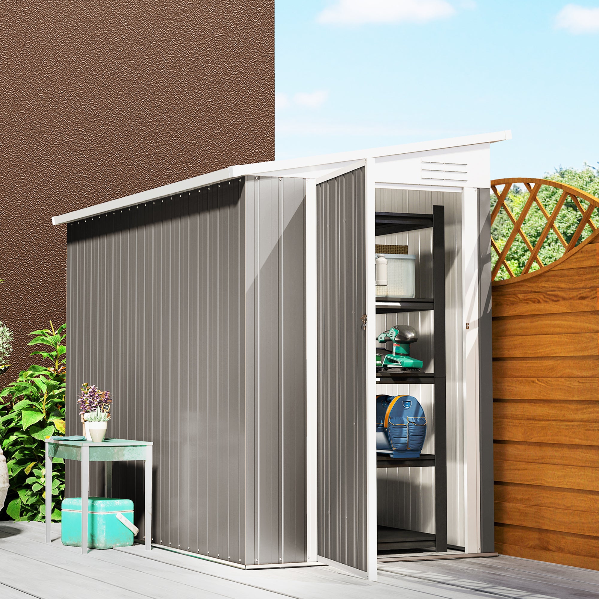 4' x 8' Lean to Garden Storage Shed, Outdoor Metal Tool House with Lockable Door Vents for Backyard Patio Lawn, Light Gray